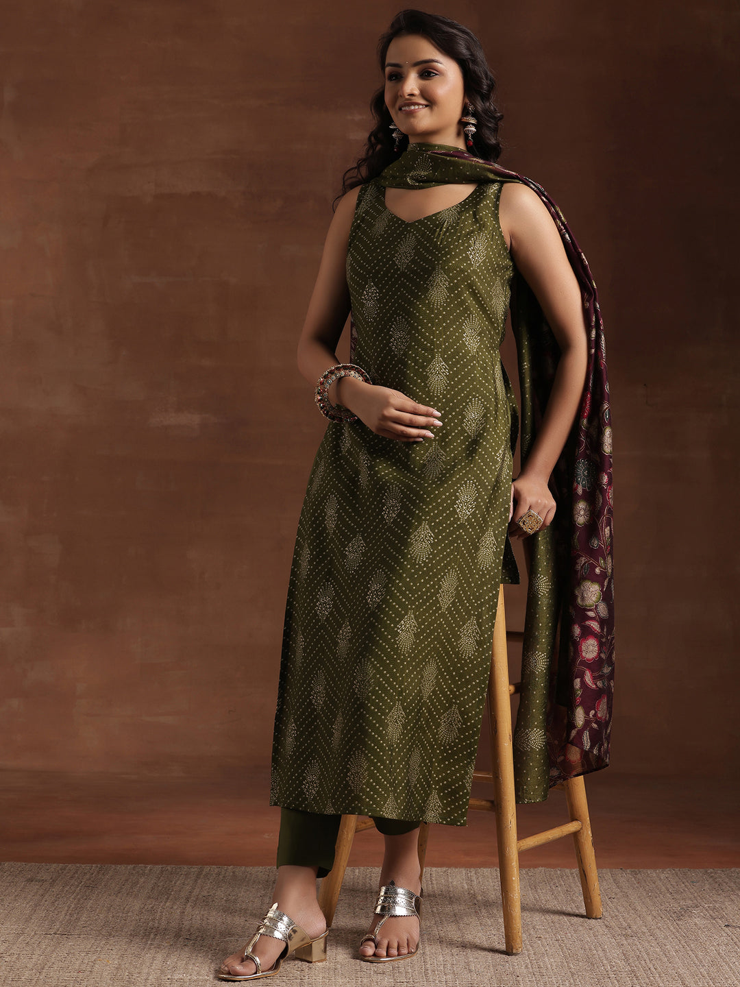 Green Printed Silk Blend Straight Suit With Dupatta