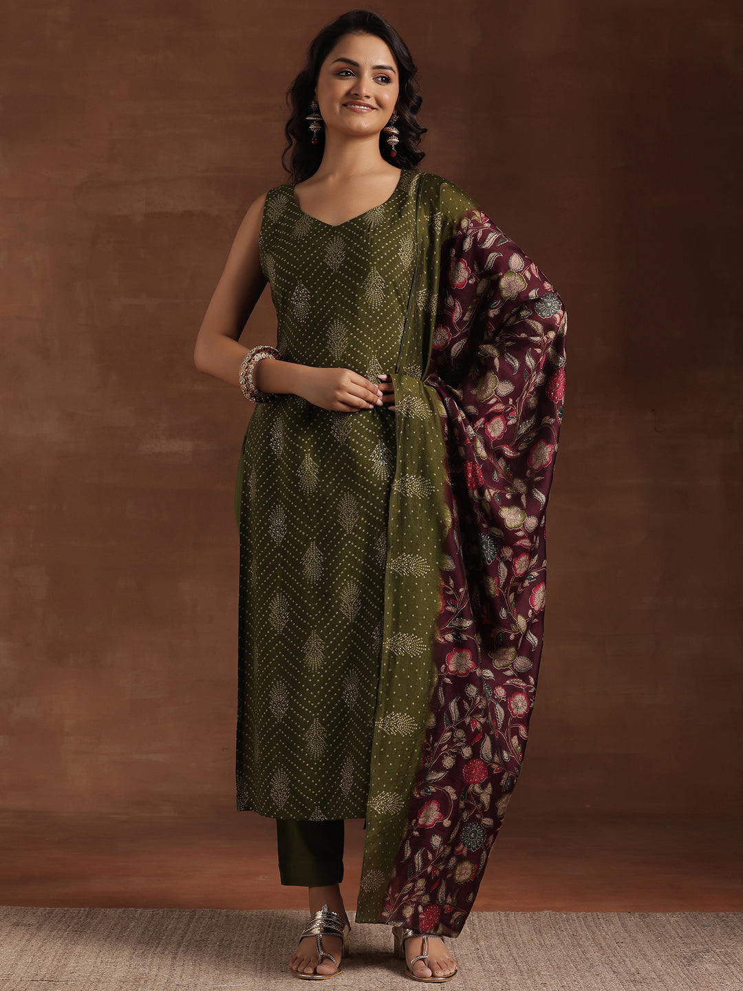 Green Printed Silk Blend Straight Suit With Dupatta