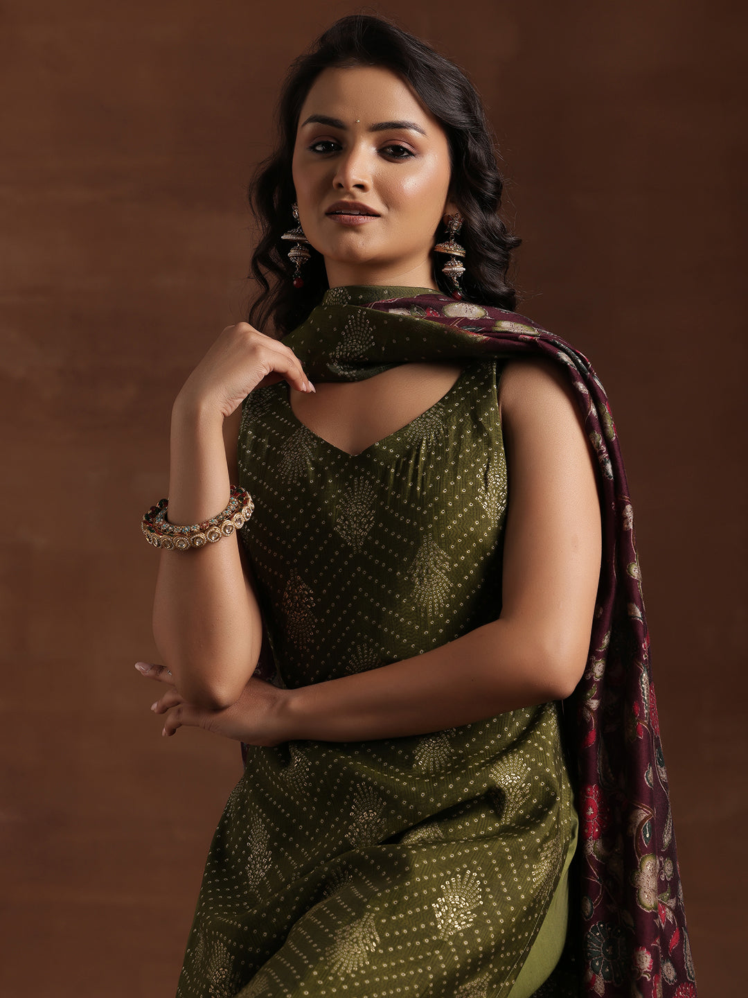 Green Printed Silk Blend Straight Suit With Dupatta