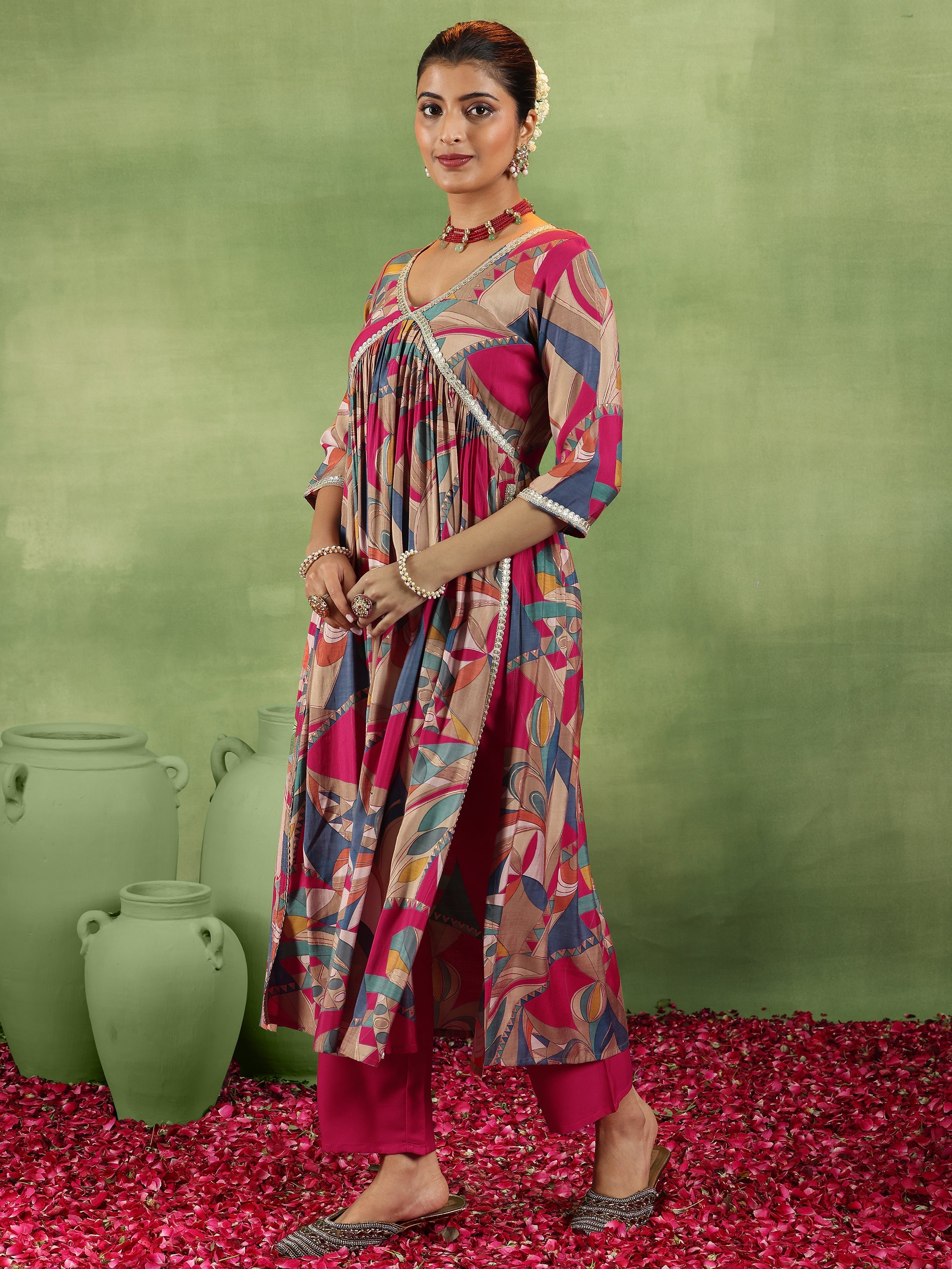 Pink Printed Silk Blend A-Line Kurta With Trousers & Dupatta