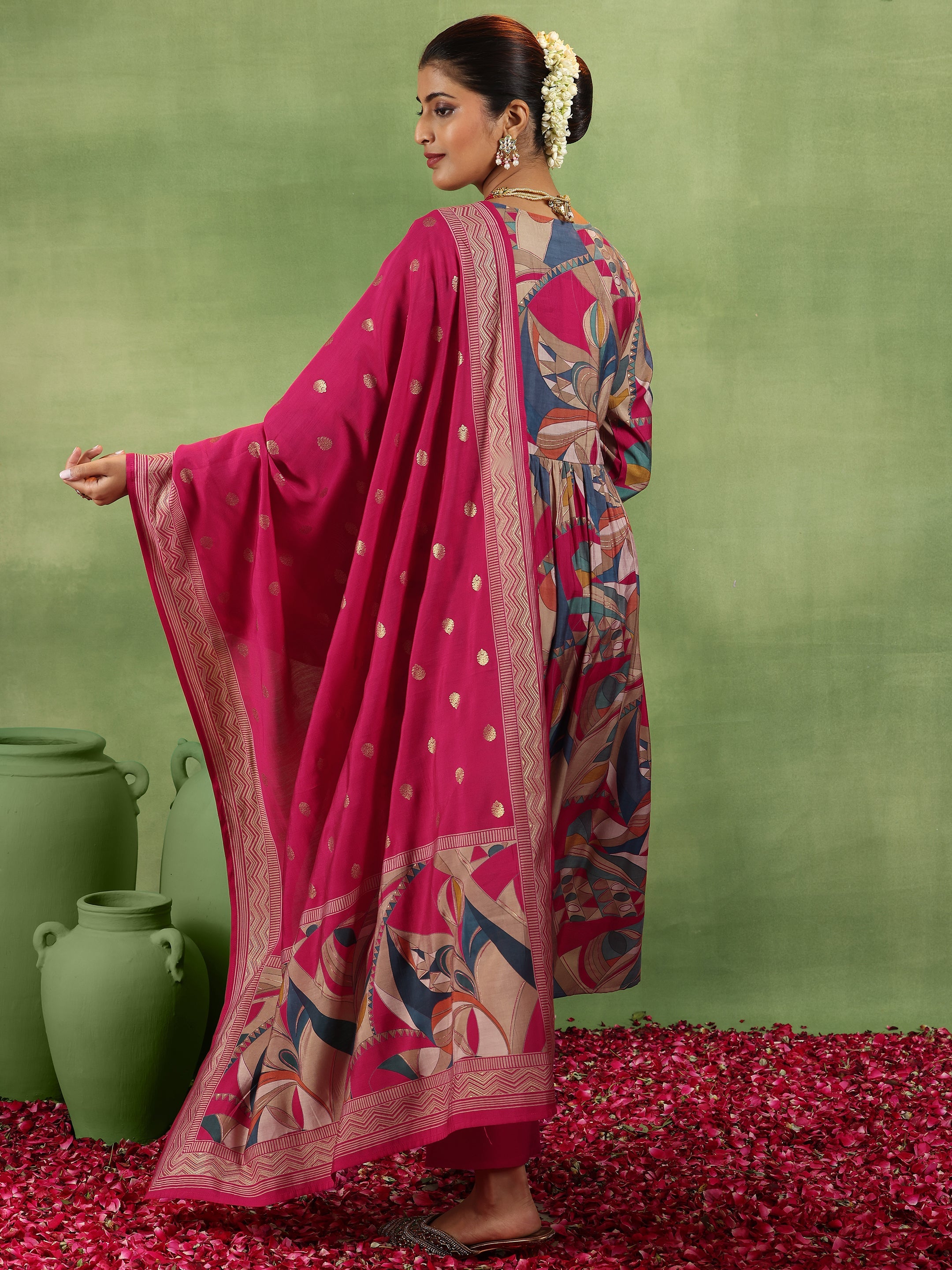 Pink Printed Silk Blend A-Line Kurta With Trousers & Dupatta