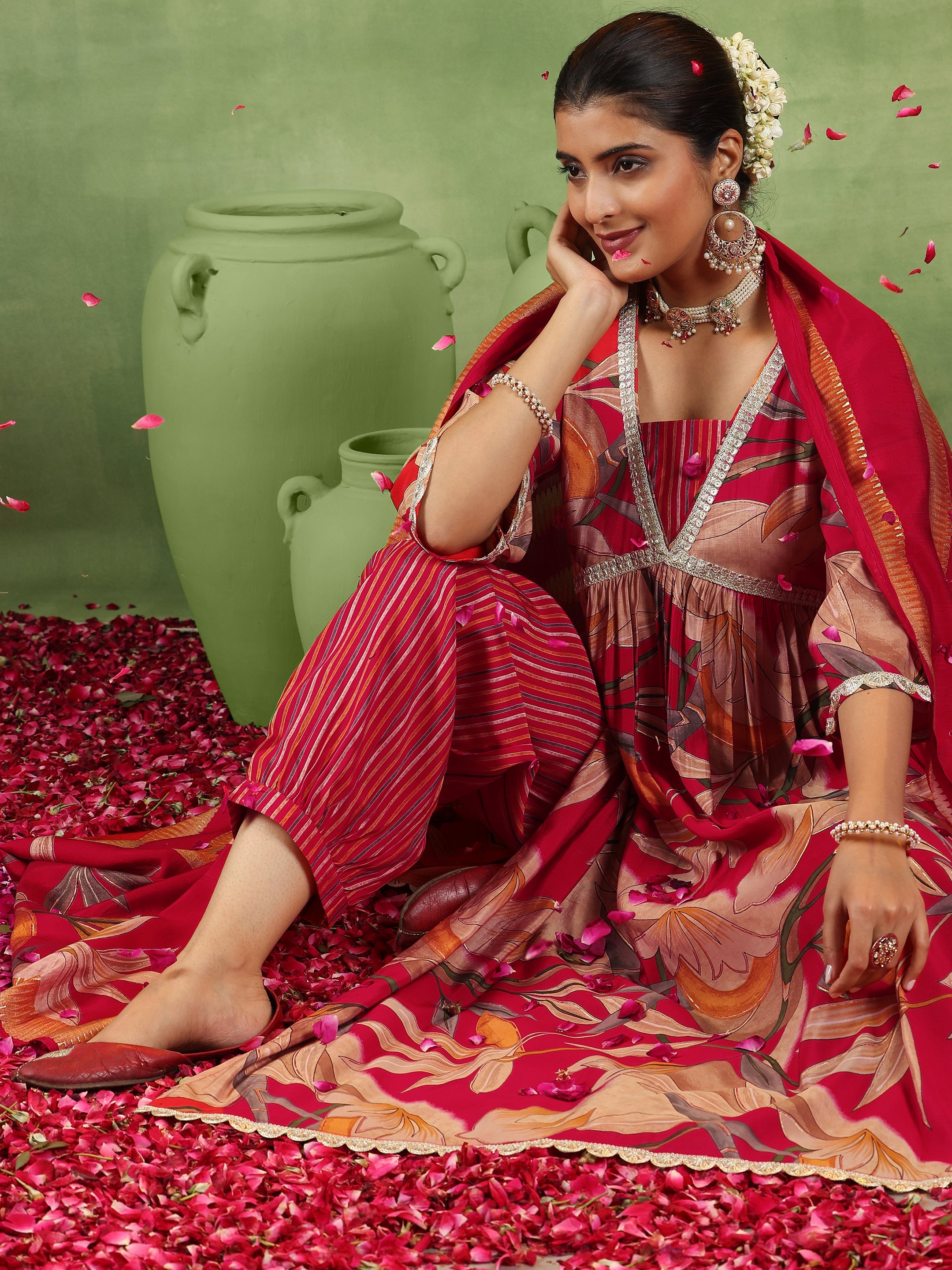 Red Printed Silk Blend A-Line Kurta With Salwar & Dupatta