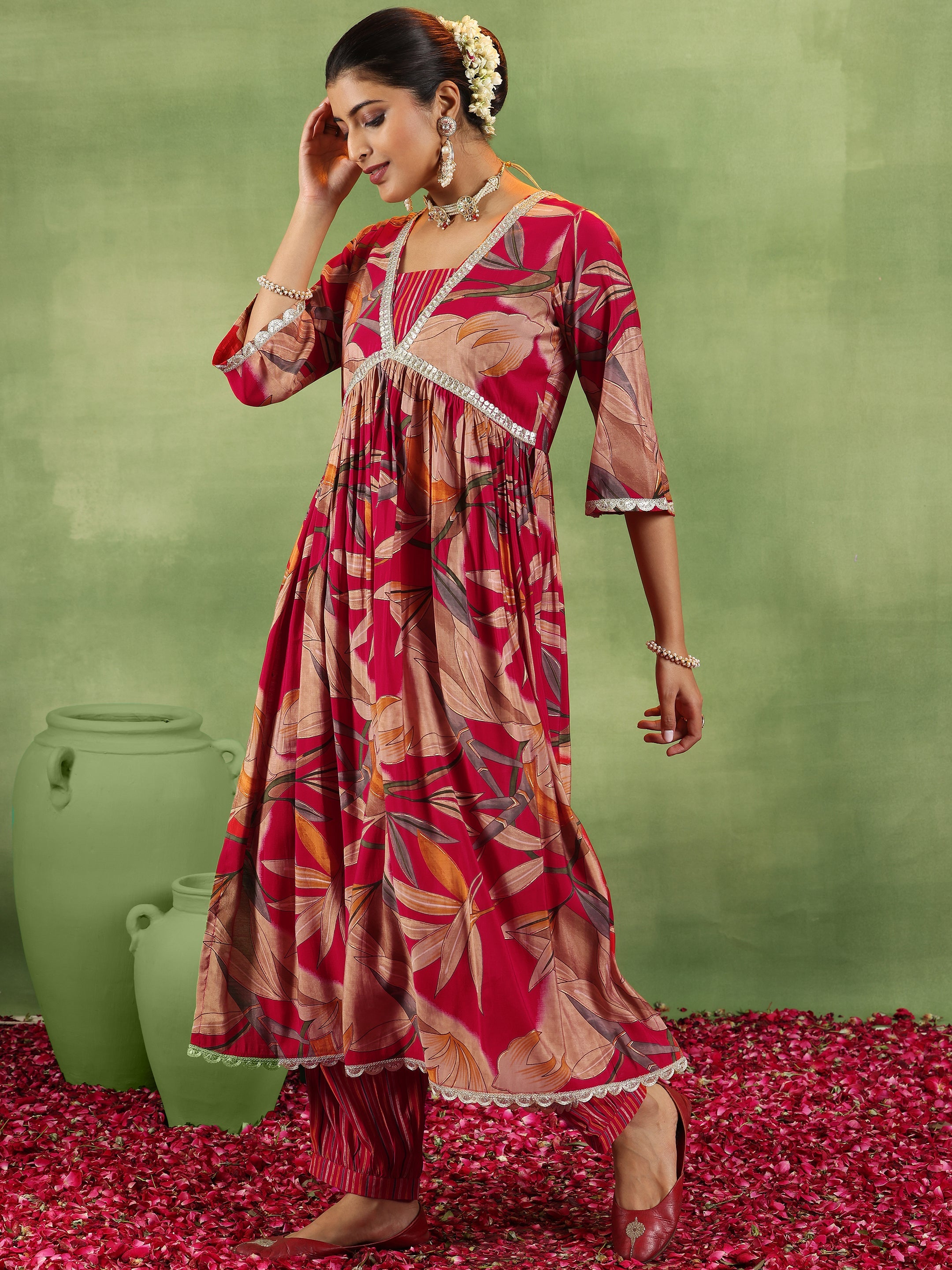 Red Printed Silk Blend A-Line Kurta With Salwar & Dupatta