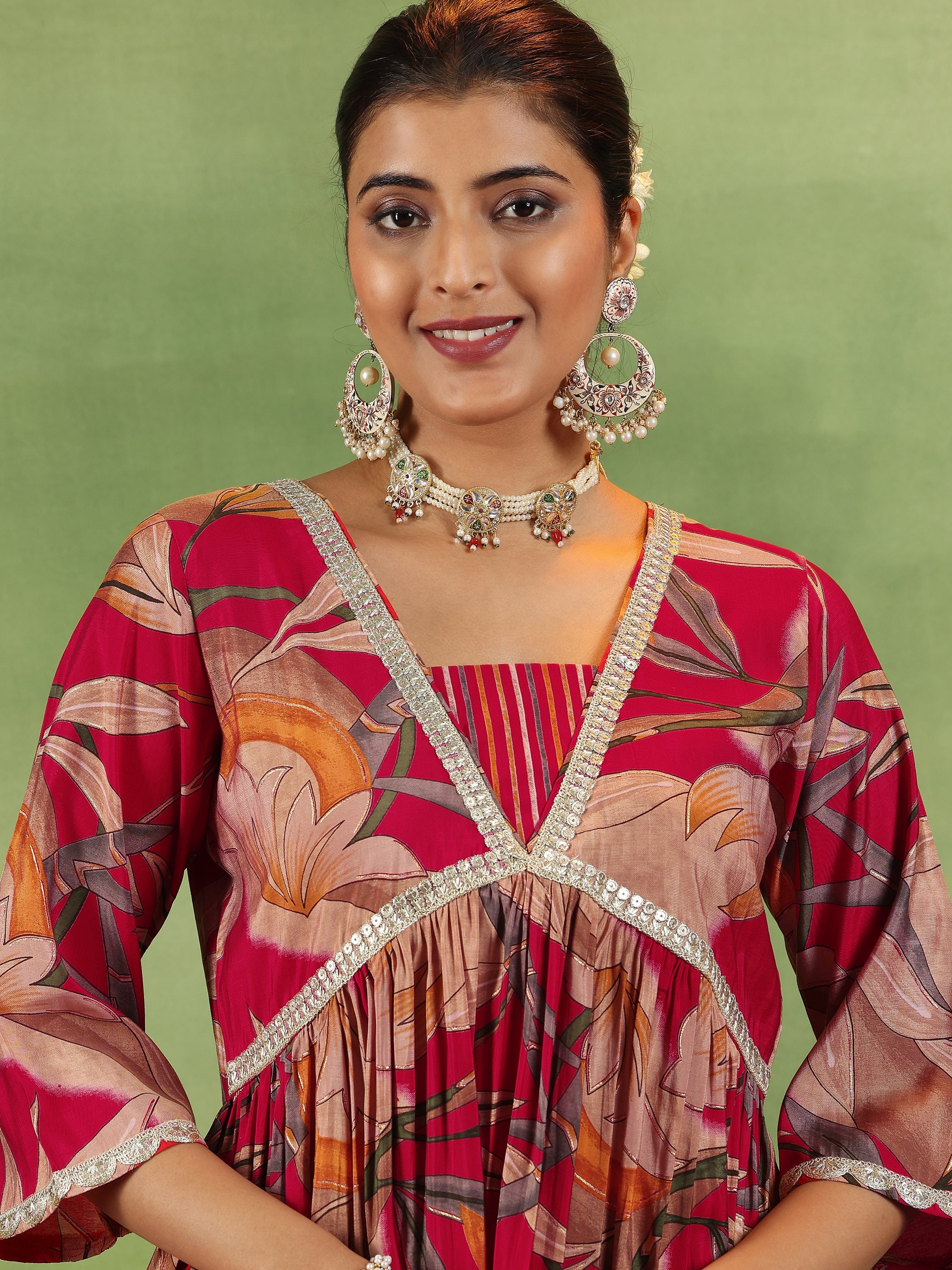 Red Printed Silk Blend A-Line Kurta With Salwar & Dupatta