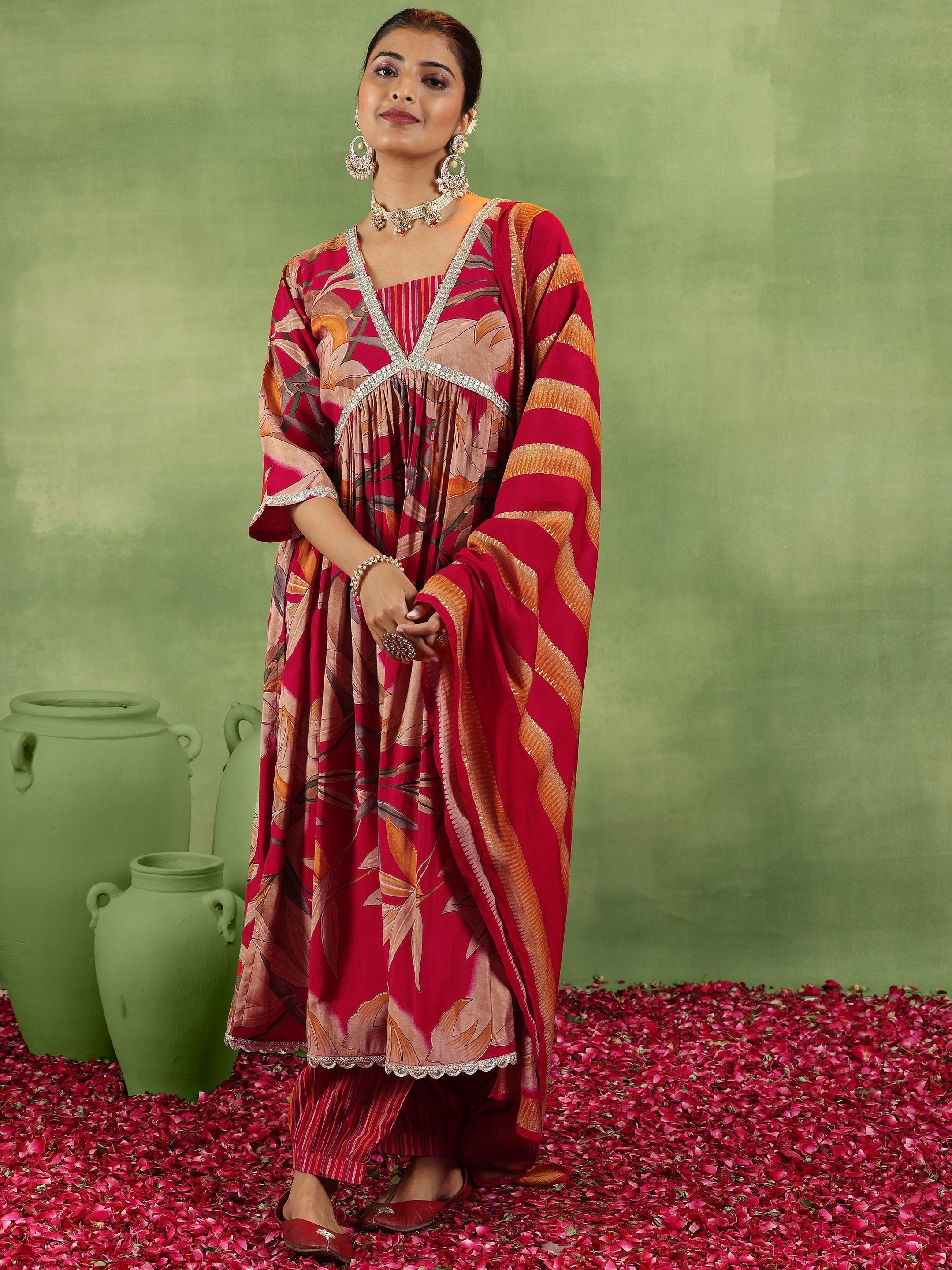 Red Printed Silk Blend A-Line Kurta With Salwar & Dupatta