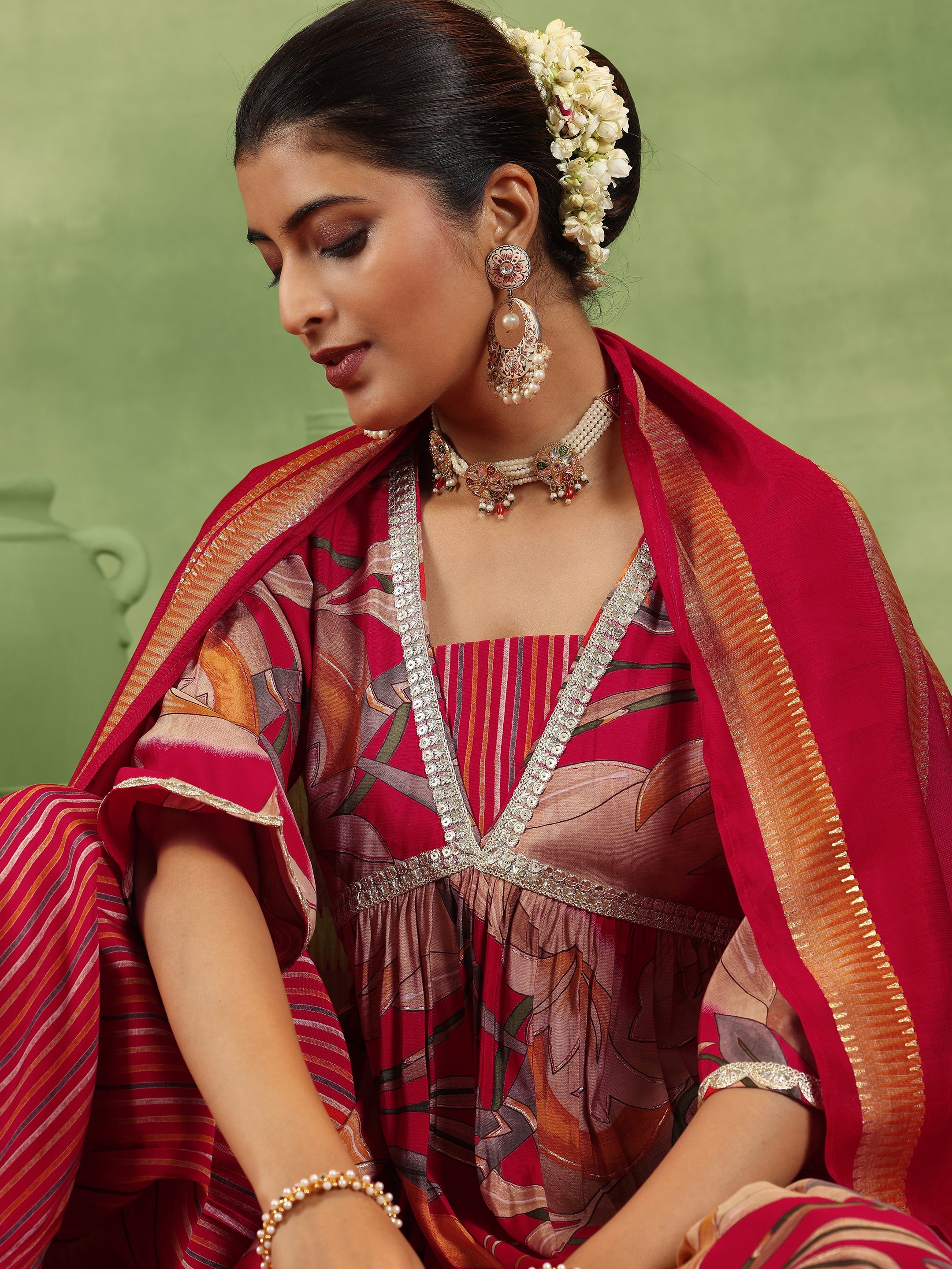 Red Printed Silk Blend A-Line Kurta With Salwar & Dupatta