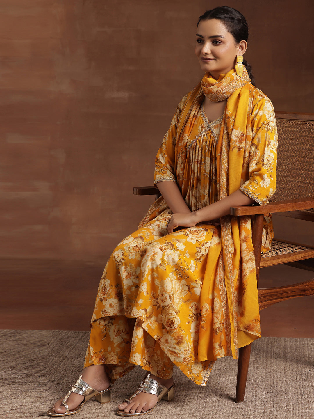 Yellow Printed Silk Blend A-Line Kurta With Palazzos & Dupatta