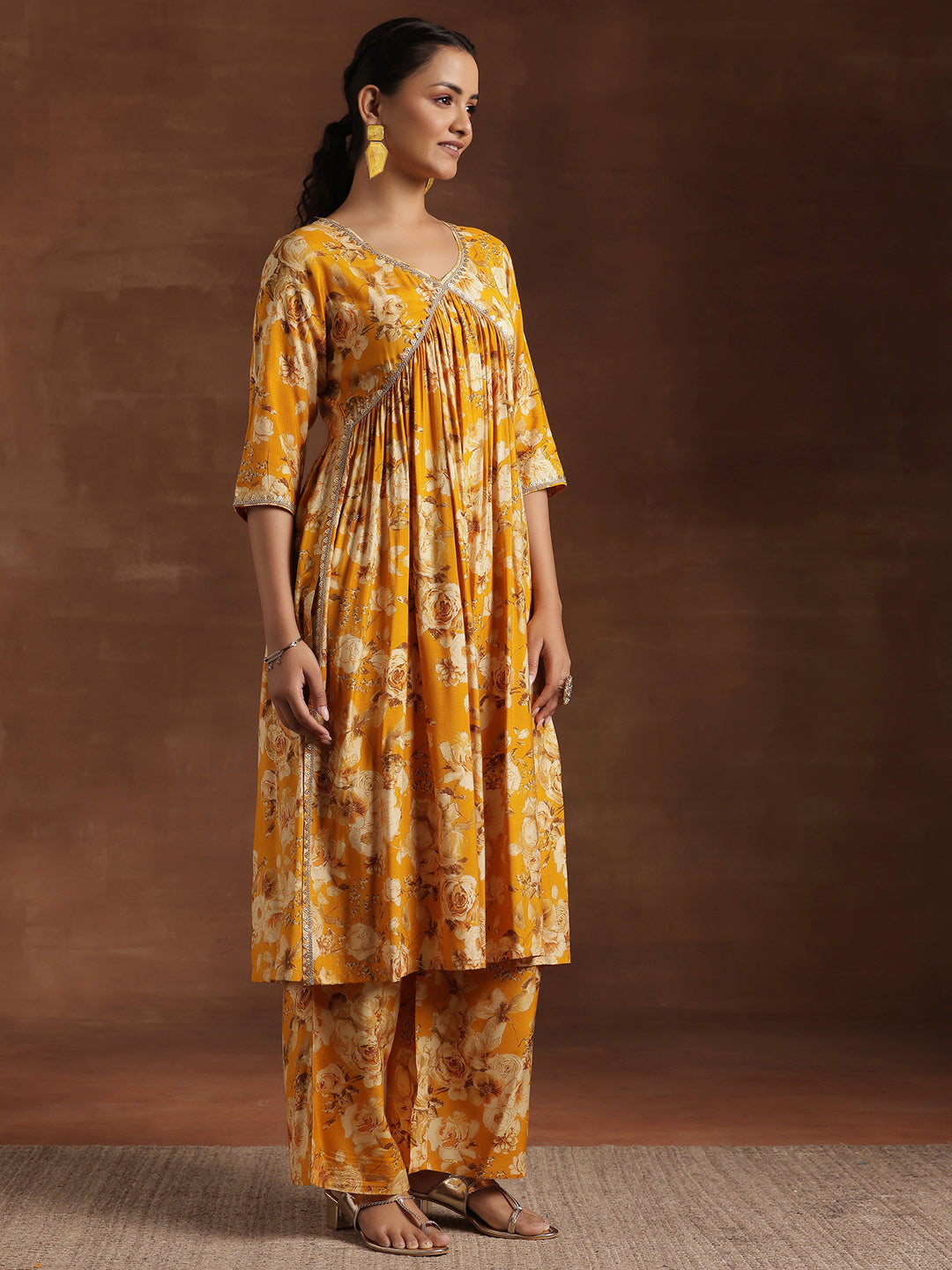 Yellow Printed Silk Blend A-Line Kurta With Palazzos & Dupatta