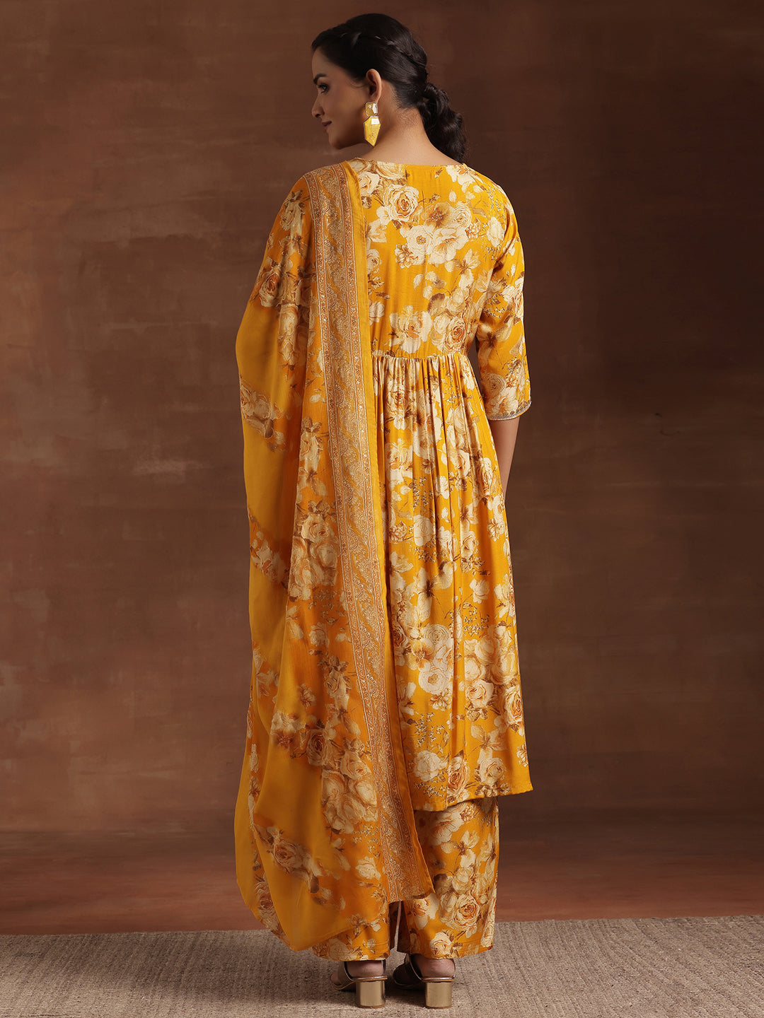 Yellow Printed Silk Blend A-Line Kurta With Palazzos & Dupatta