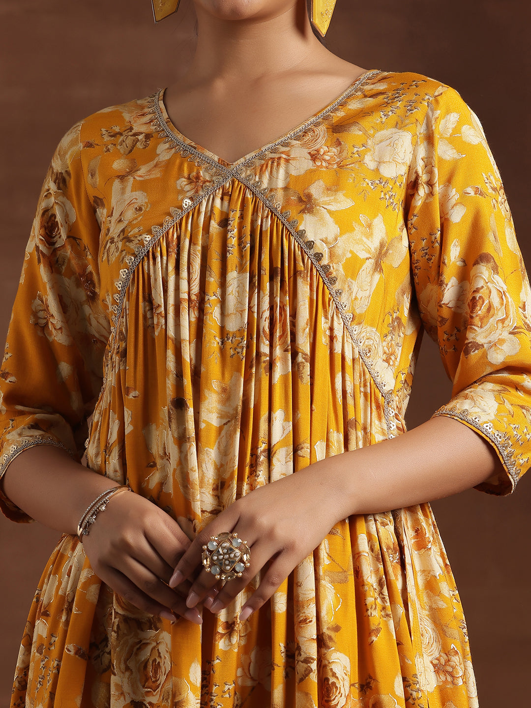 Yellow Printed Silk Blend A-Line Kurta With Palazzos & Dupatta