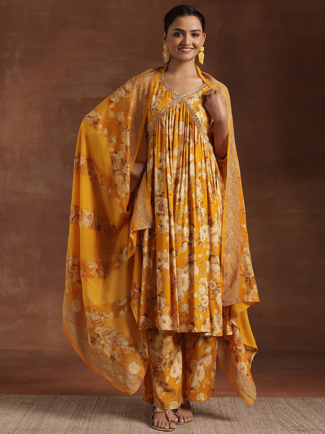 Yellow Printed Silk Blend A-Line Kurta With Palazzos & Dupatta