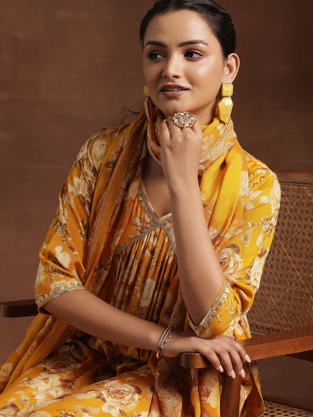 Yellow Printed Silk Blend A-Line Kurta With Palazzos & Dupatta