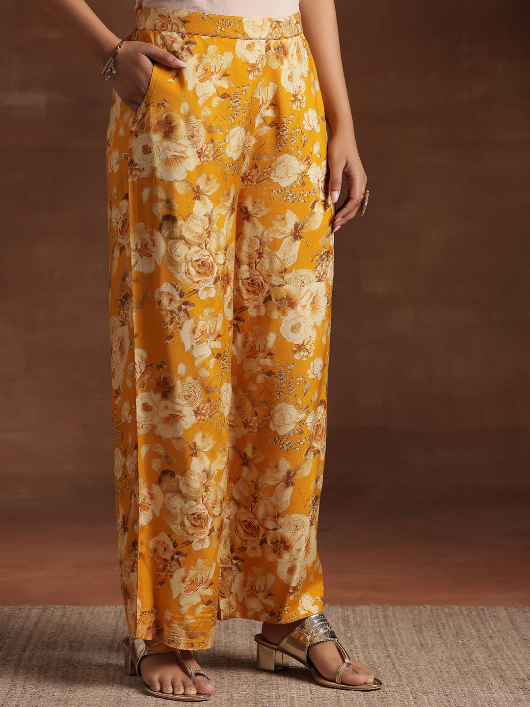 Yellow Printed Silk Blend A-Line Kurta With Palazzos & Dupatta