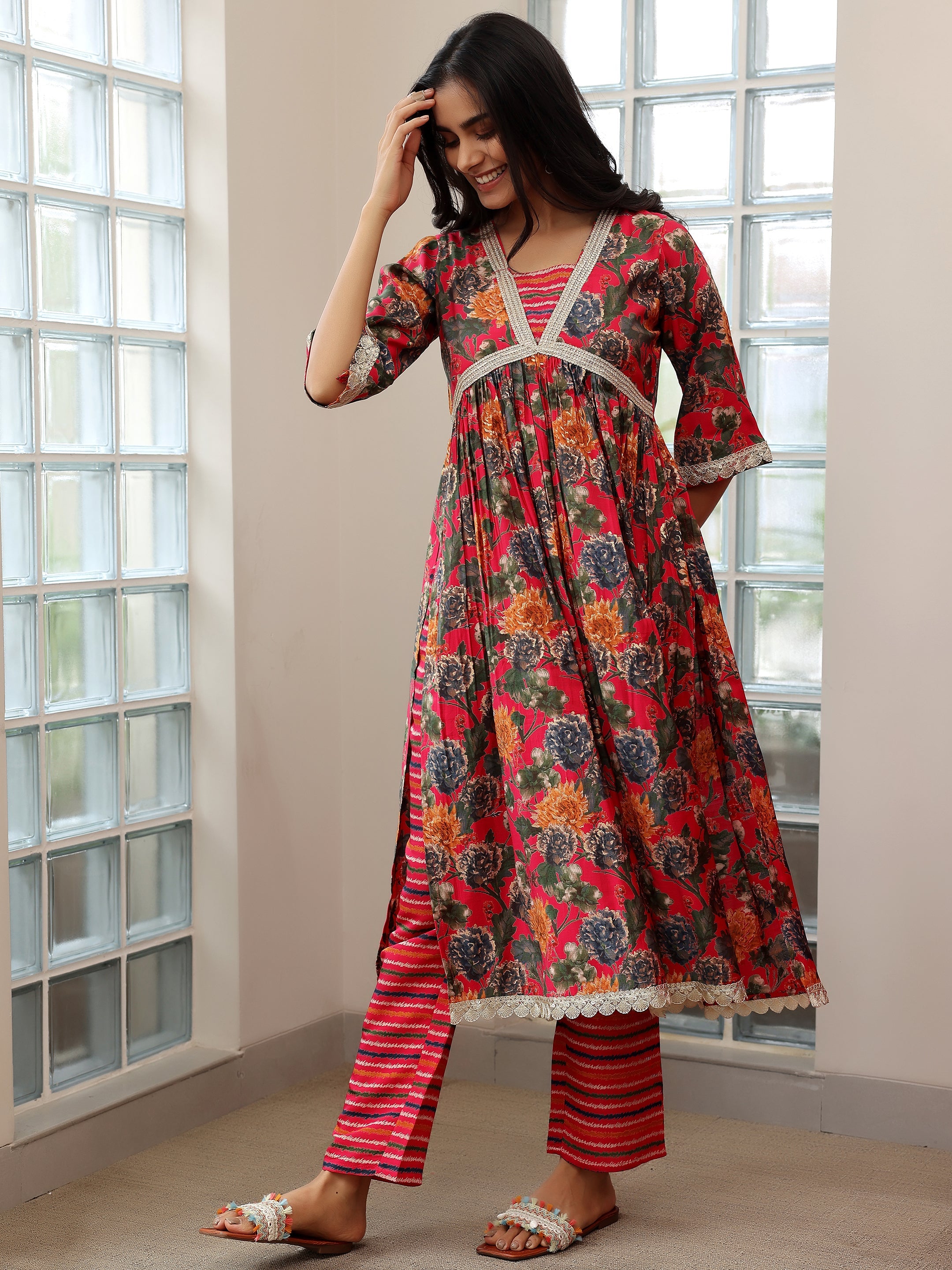 Pink Printed Silk Blend A-Line Kurta With Trousers & Dupatta