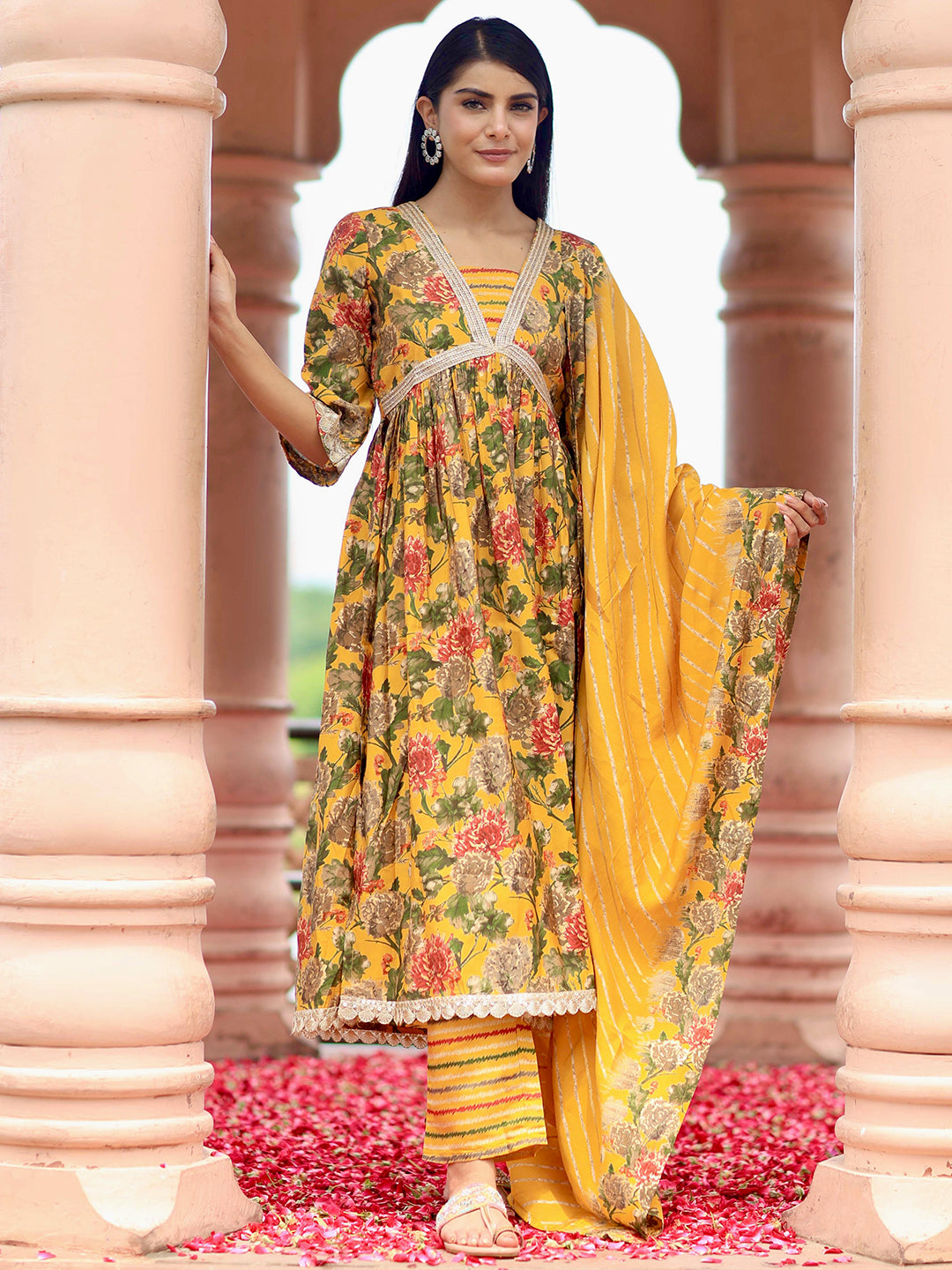 Yellow Printed Silk Blend A-Line Kurta With Trousers & Dupatta