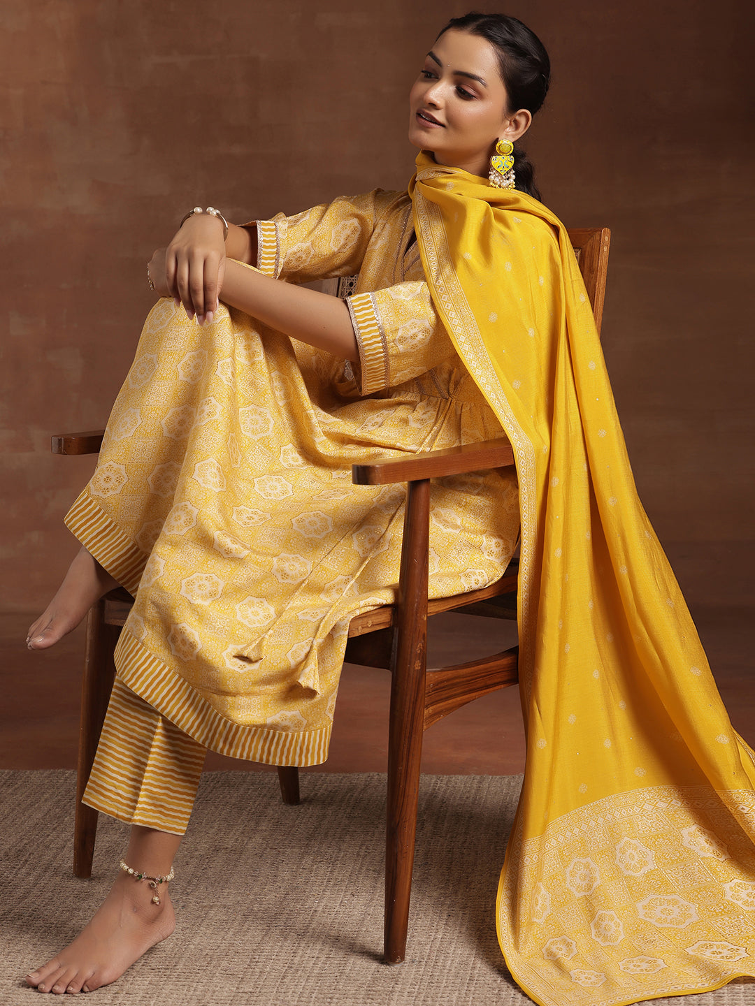 Yellow Printed Silk Blend Anarkali Suit With Dupatta