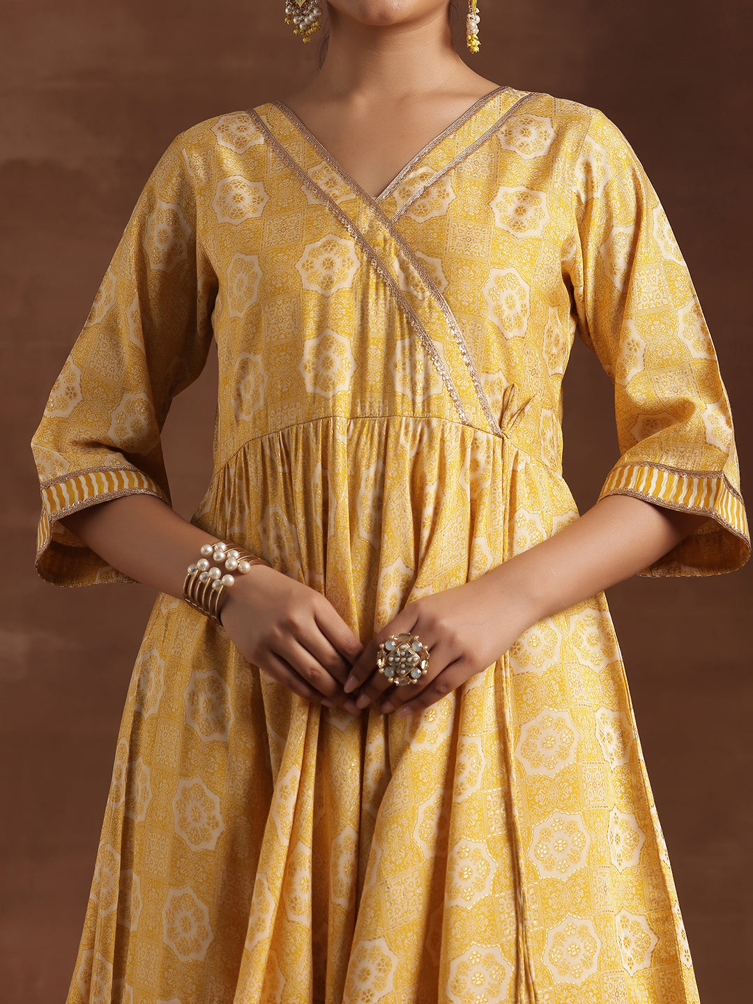 Yellow Printed Silk Blend Anarkali Suit With Dupatta