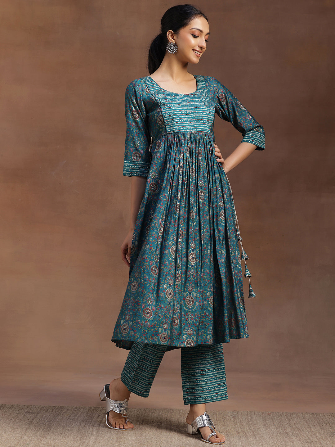 Rama Green Printed Silk Blend A-Line Kurta With Trousers & Dupatta