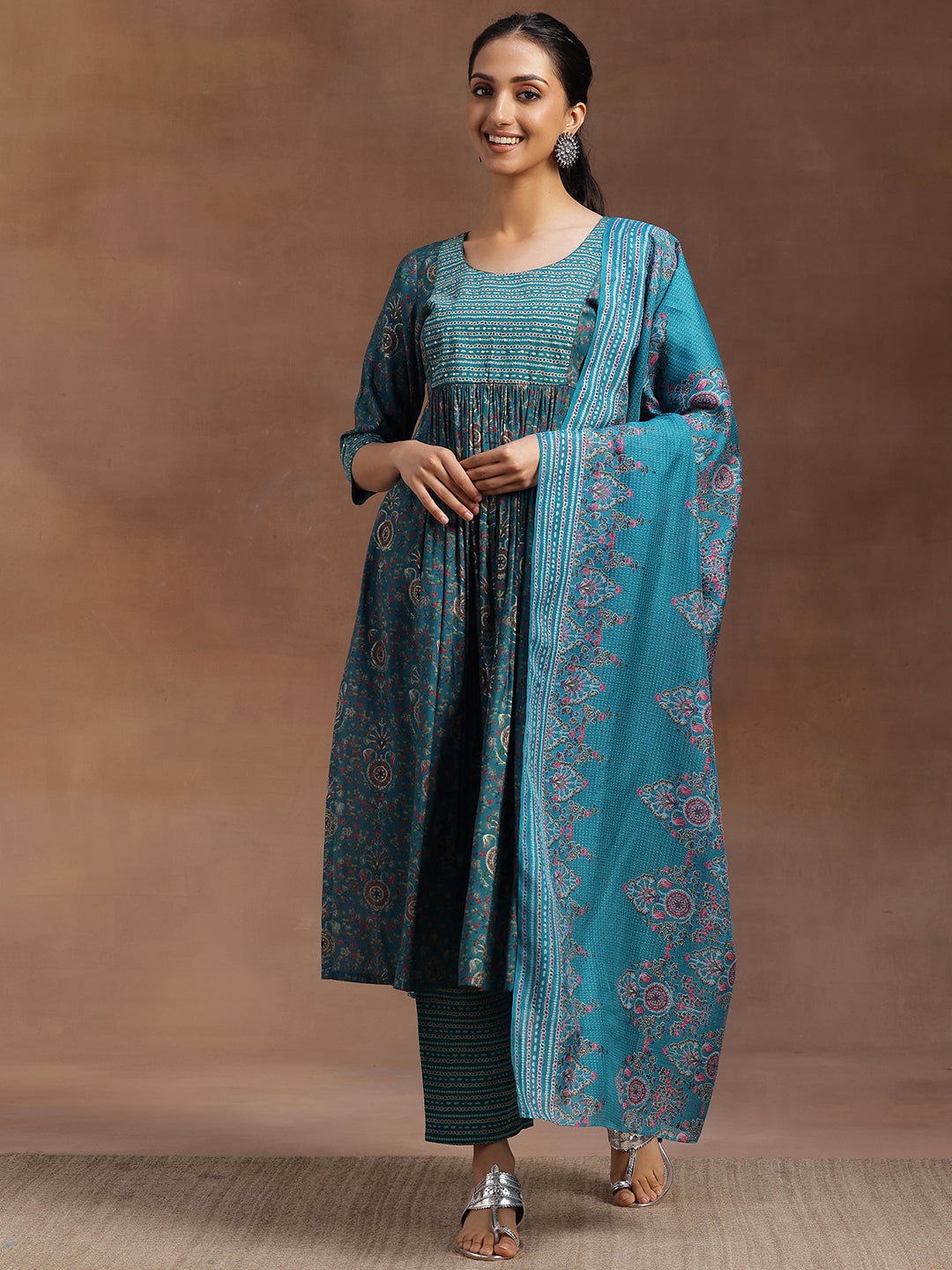 Rama Green Printed Silk Blend A-Line Kurta With Trousers & Dupatta