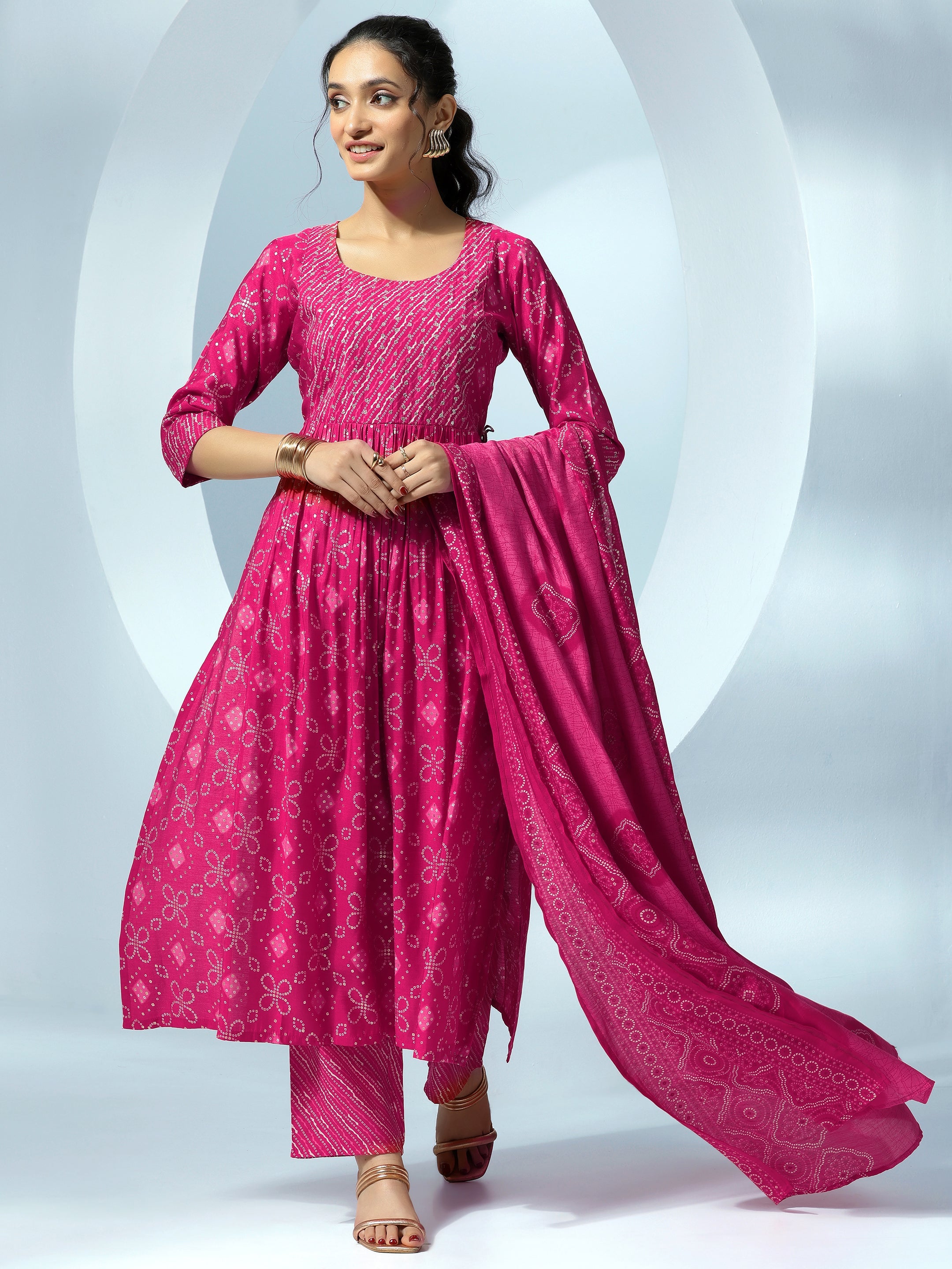 Pink Printed Silk Blend A-Line Kurta With Trousers & Dupatta