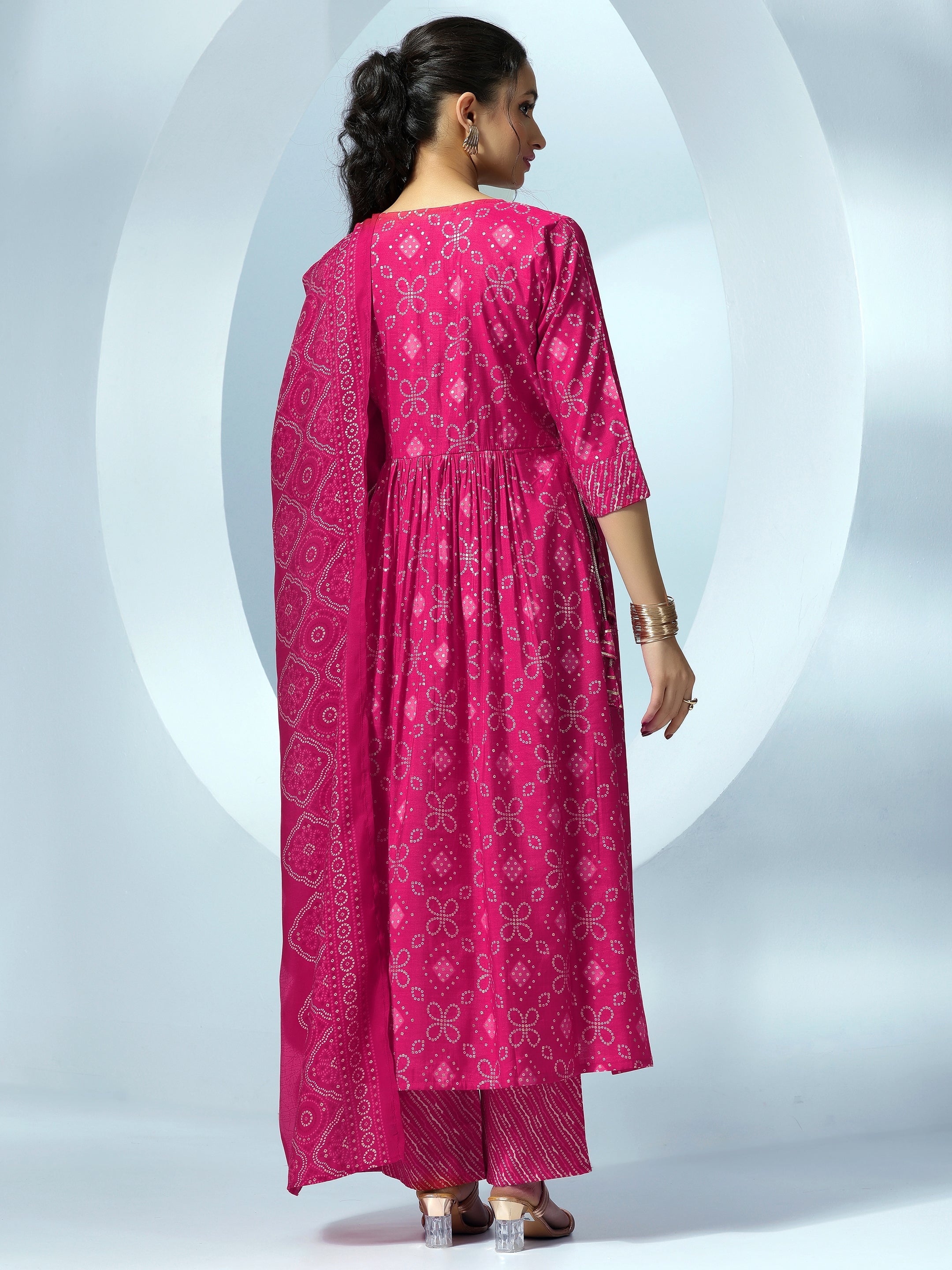 Pink Printed Silk Blend A-Line Kurta With Trousers & Dupatta