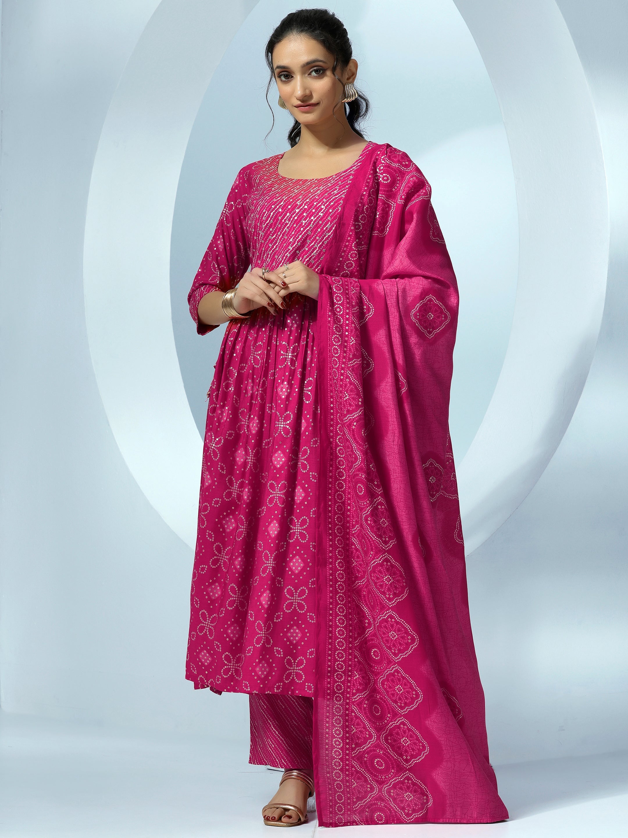 Pink Printed Silk Blend A-Line Kurta With Trousers & Dupatta