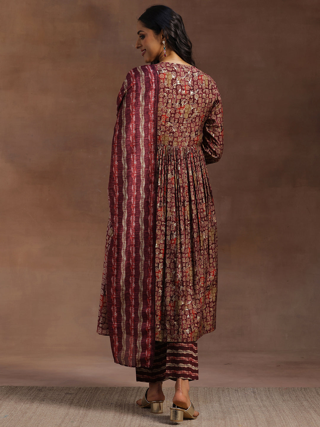 Burgundy Printed Silk Blend A-Line Kurta With Trousers & Dupatta