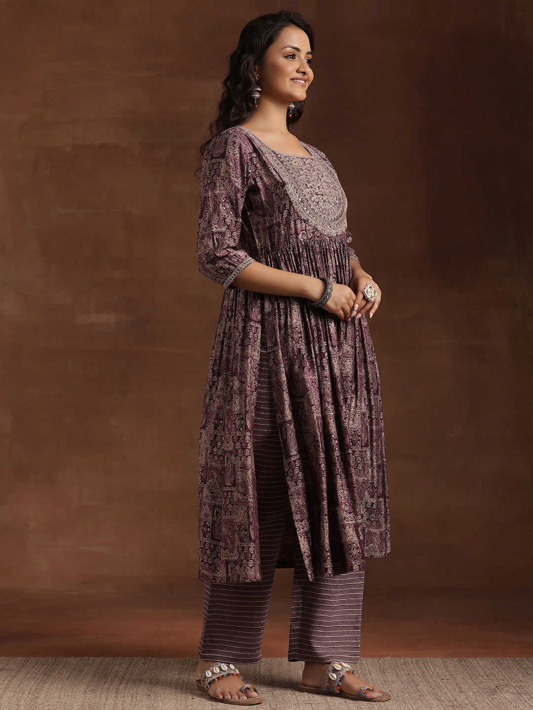 Wine Printed Silk Blend A-Line Kurta With Trousers & Dupatta