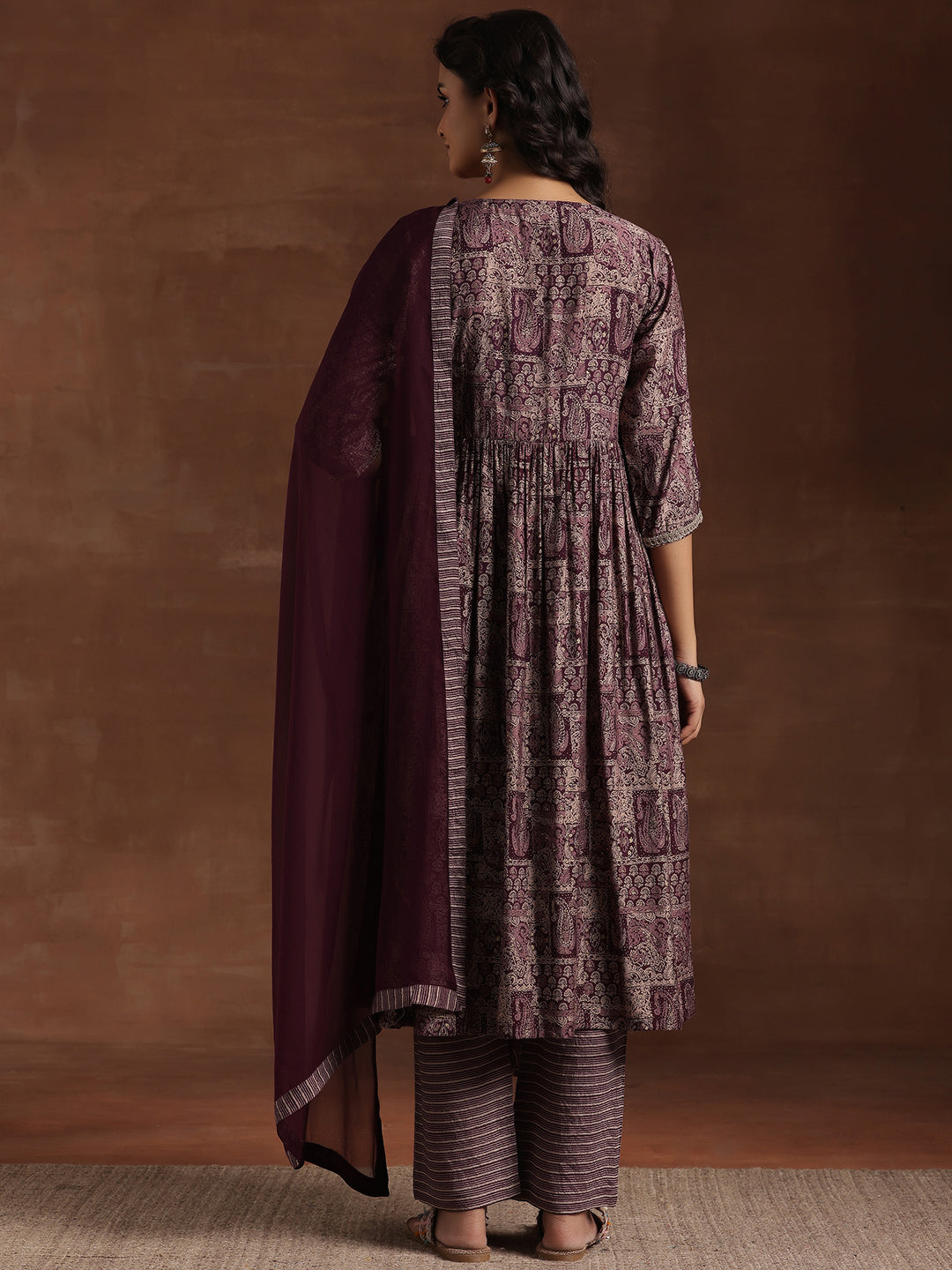 Wine Printed Silk Blend A-Line Kurta With Trousers & Dupatta