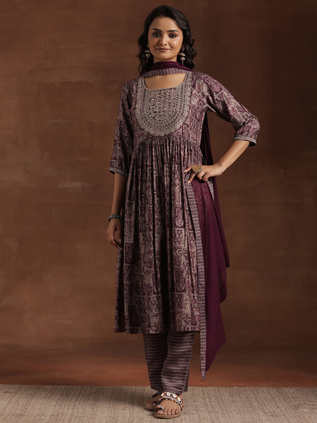 Wine Printed Silk Blend A-Line Kurta With Trousers & Dupatta