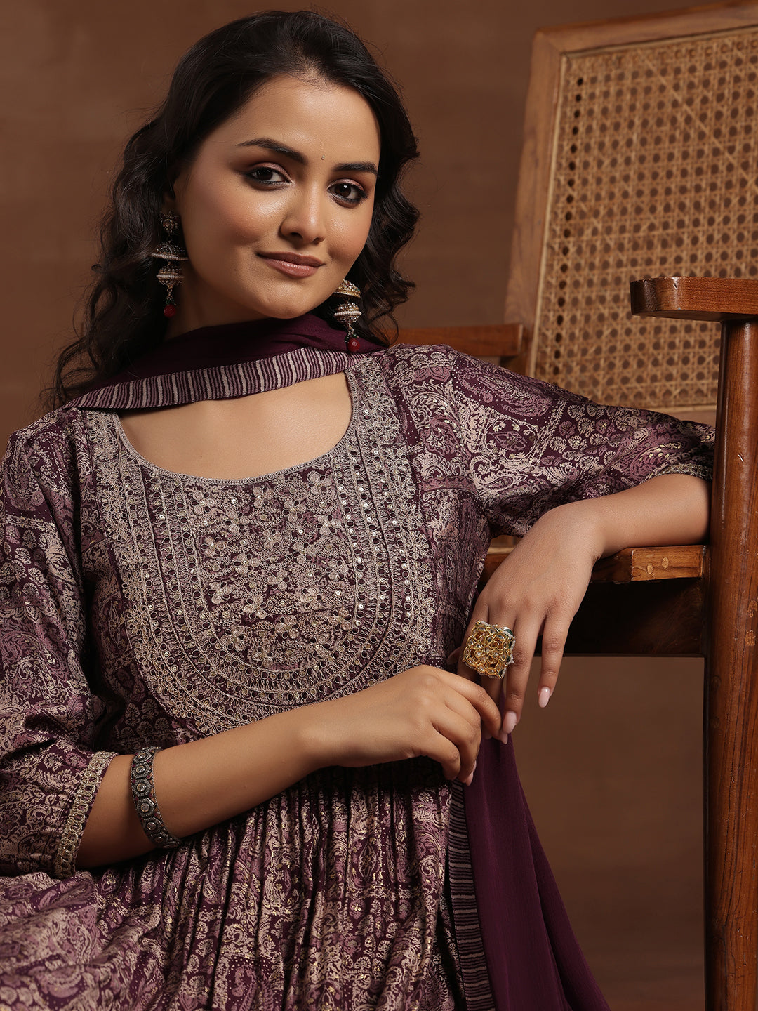 Wine Printed Silk Blend A-Line Kurta With Trousers & Dupatta