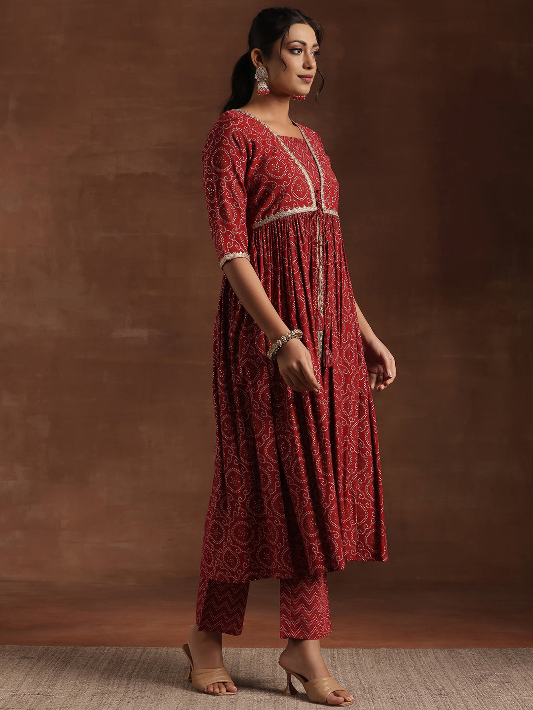 Red Printed Silk Blend A-Line Kurta With Trousers & Dupatta