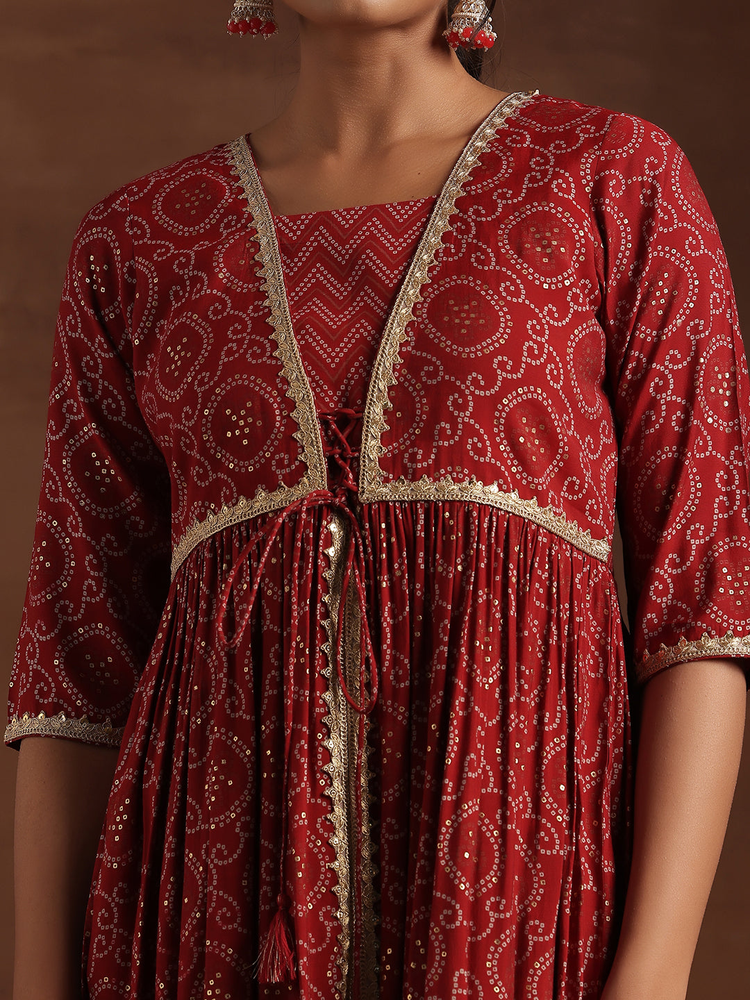 Red Printed Silk Blend A-Line Kurta With Trousers & Dupatta