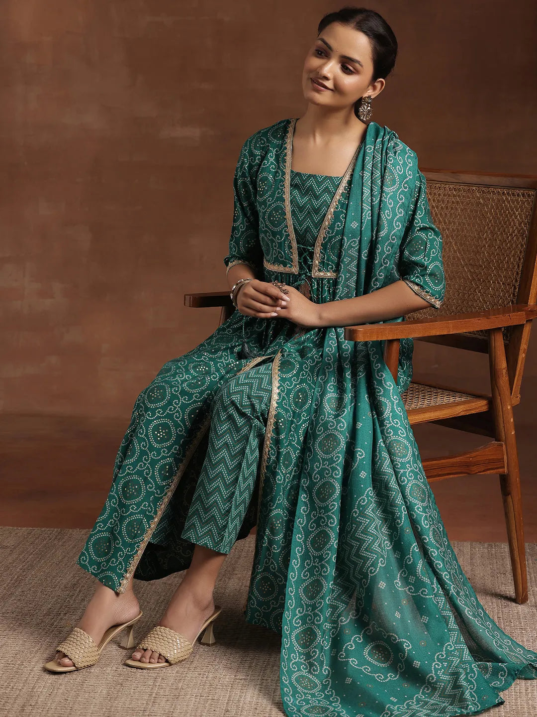 Rama Green Printed Silk Blend A-Line Kurta With Trousers & Dupatta