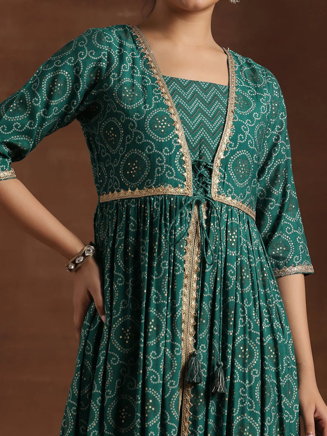 Rama Green Printed Silk Blend A-Line Kurta With Trousers & Dupatta