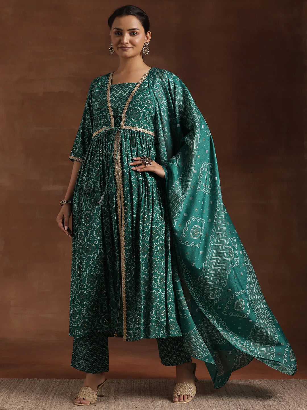 Rama Green Printed Silk Blend A-Line Kurta With Trousers & Dupatta