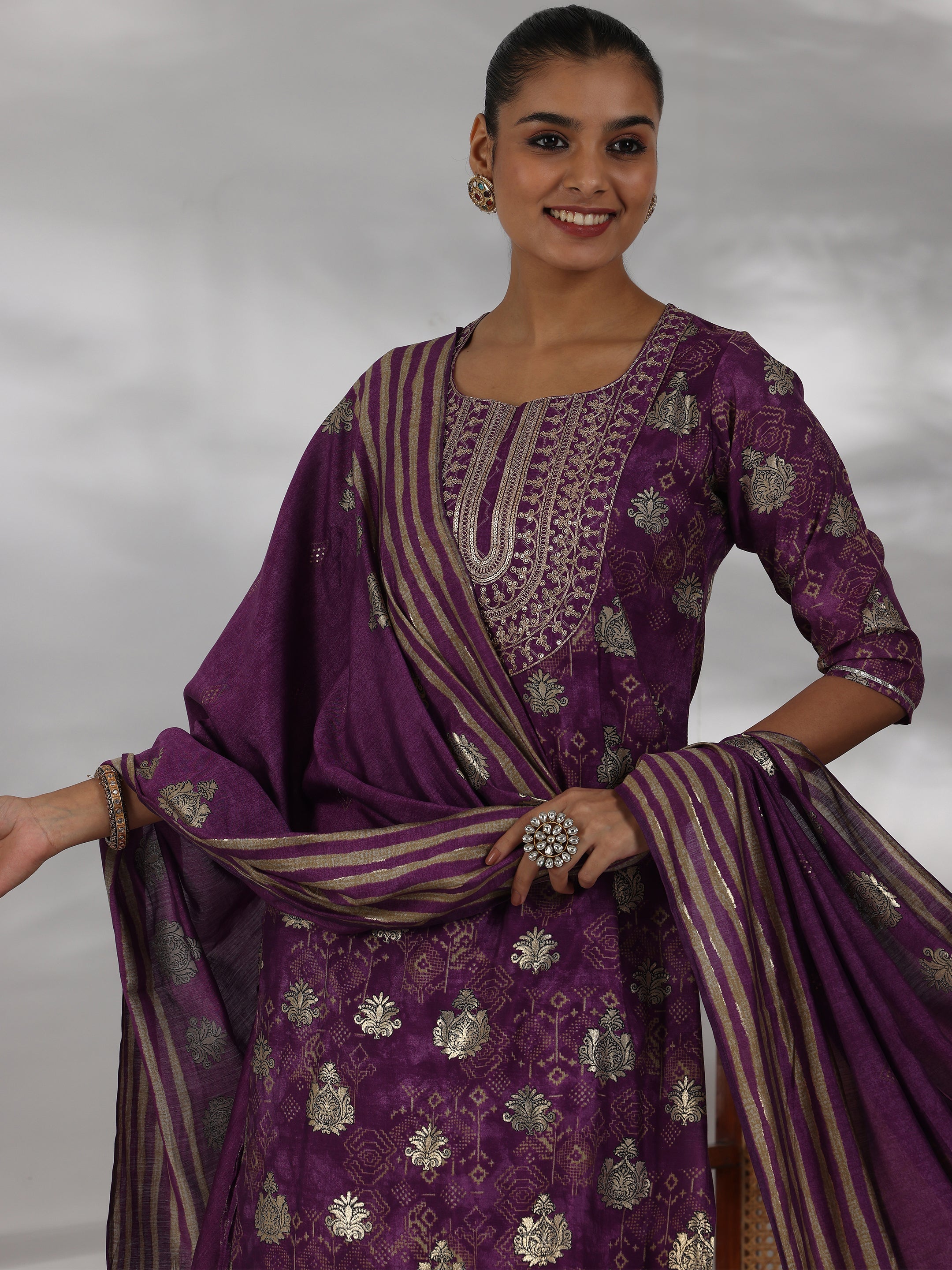 Purple Printed Silk Blend Straight Suit With Dupatta