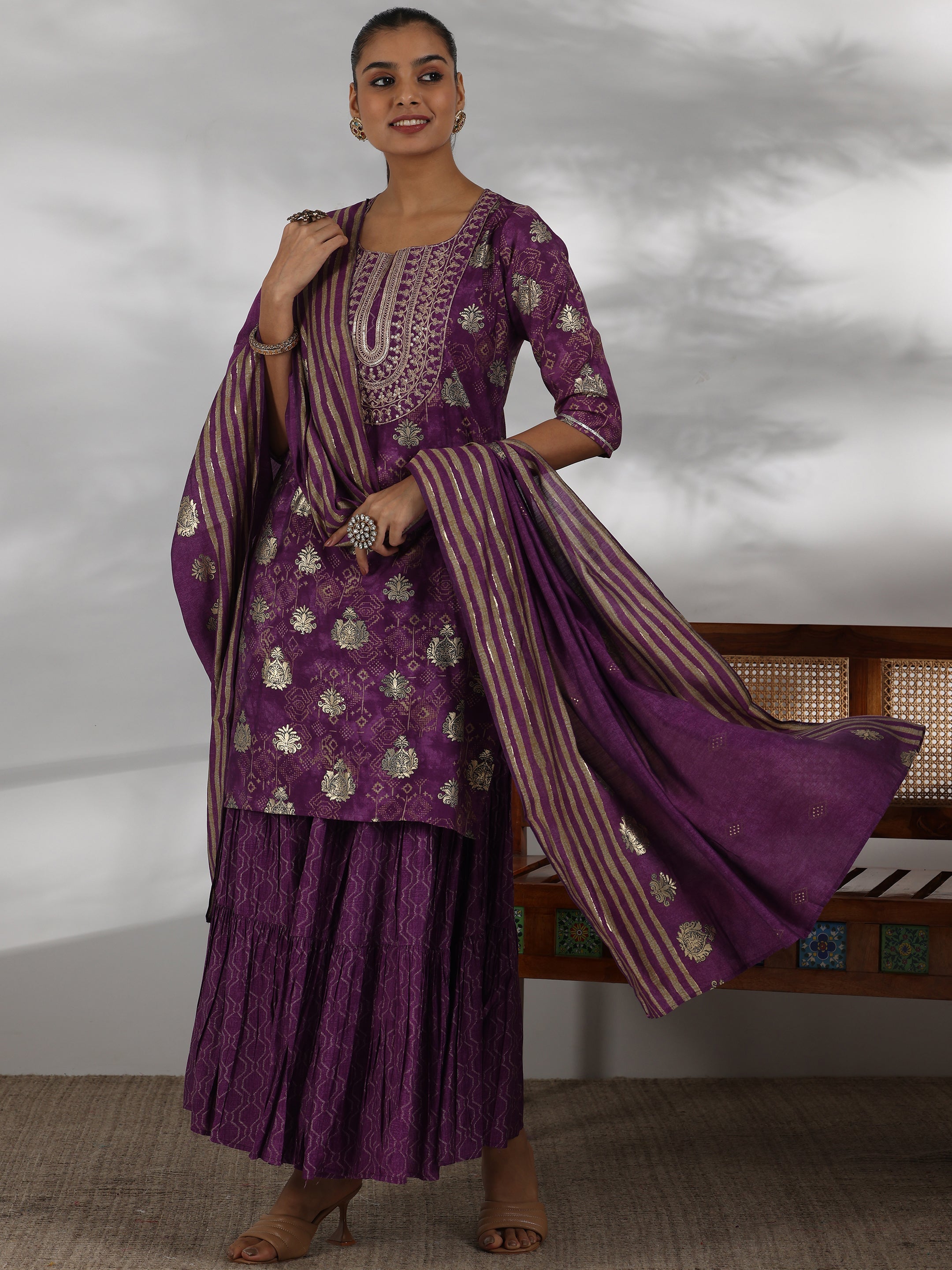 Purple Printed Silk Blend Straight Suit With Dupatta