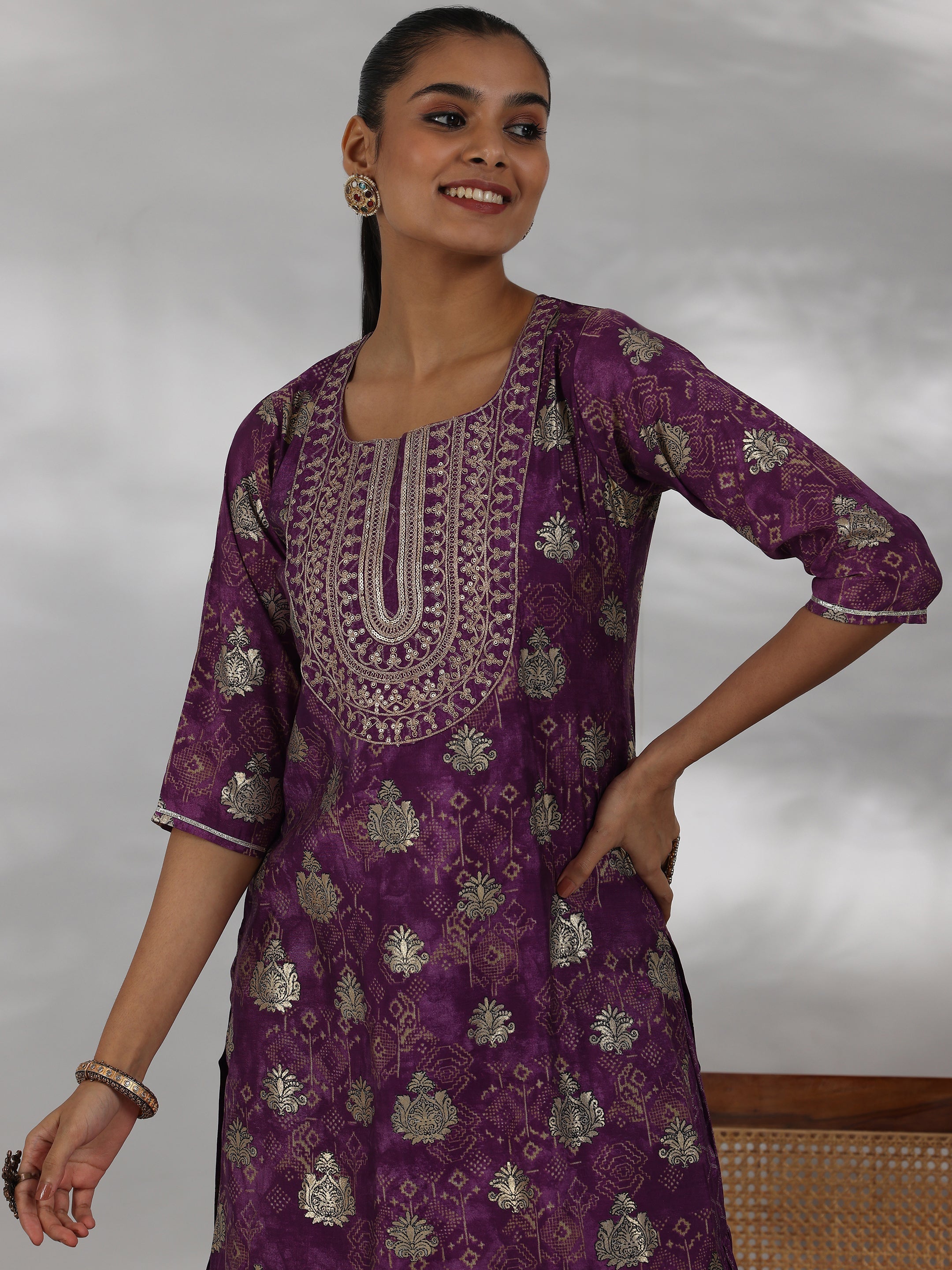 Purple Printed Silk Blend Straight Suit With Dupatta