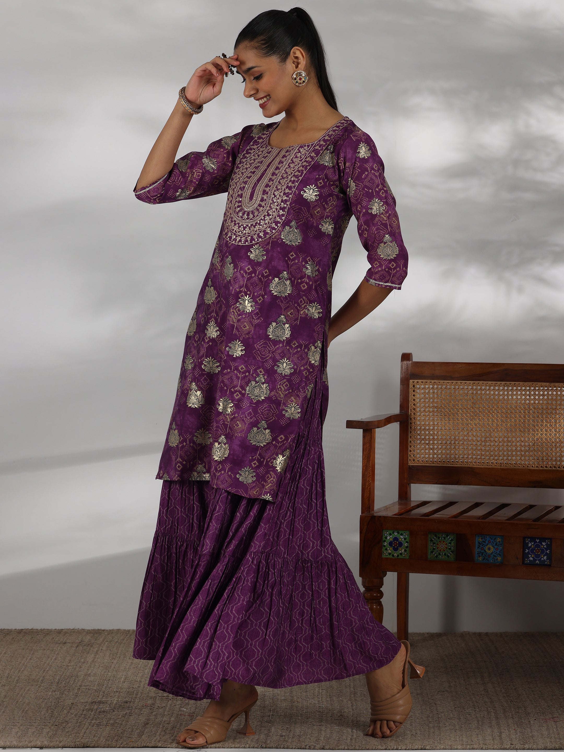 Purple Printed Silk Blend Straight Suit With Dupatta