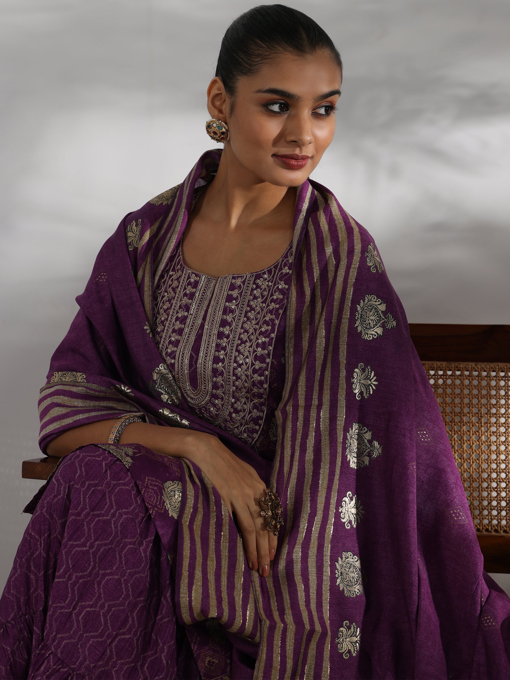 Purple Printed Silk Blend Straight Suit With Dupatta