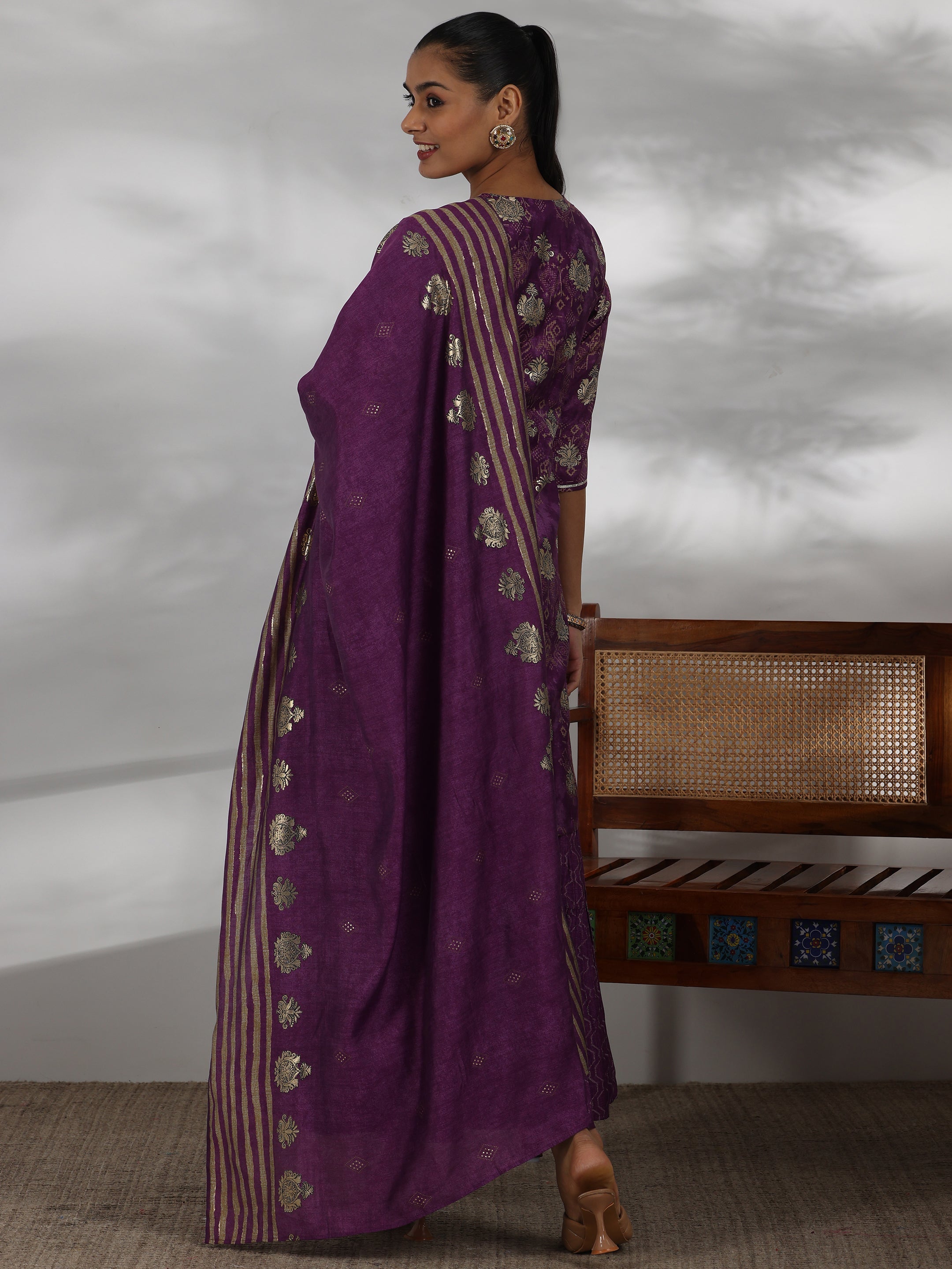 Purple Printed Silk Blend Straight Suit With Dupatta