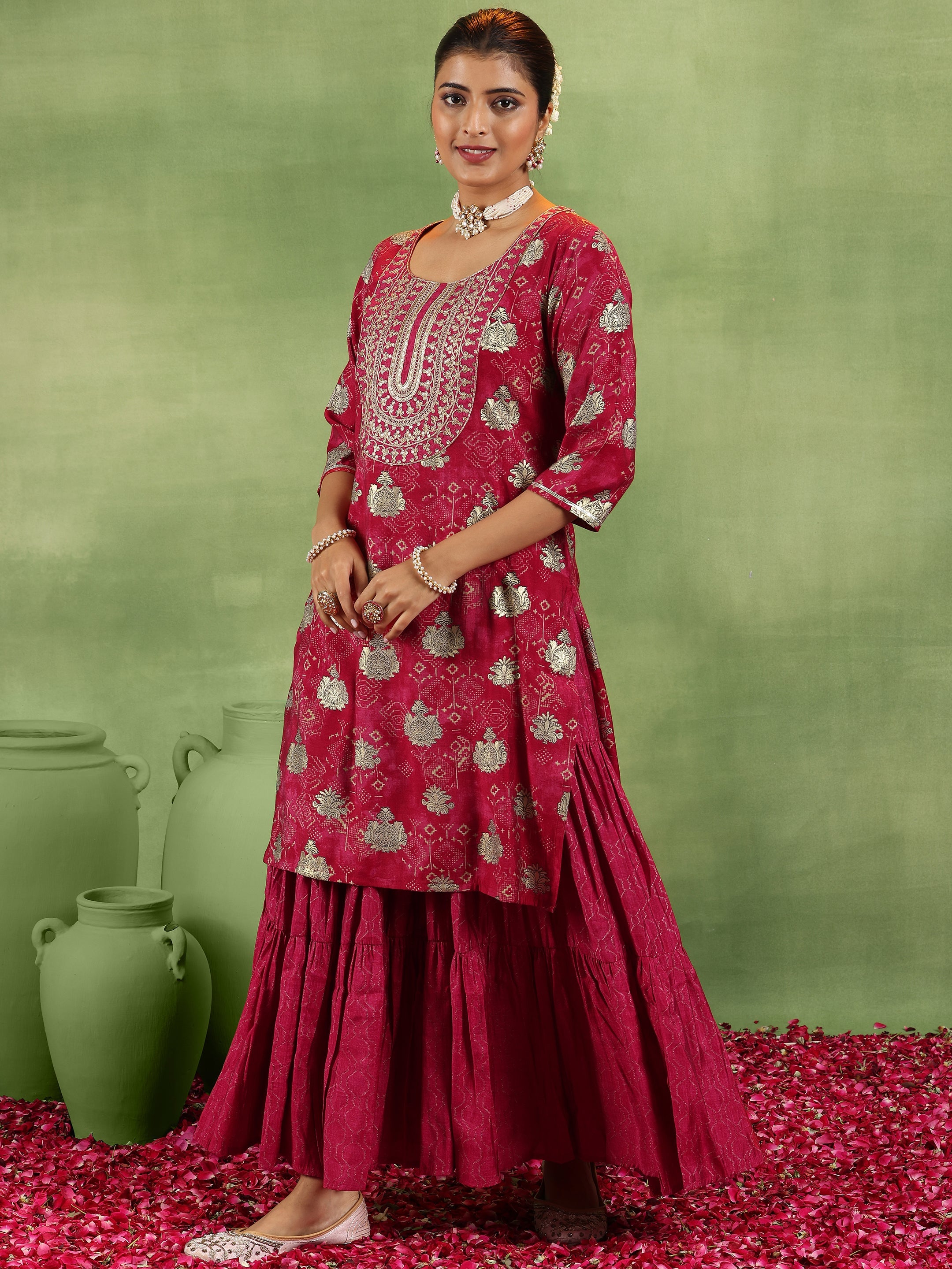 Pink Printed Silk Blend Straight Suit With Dupatta