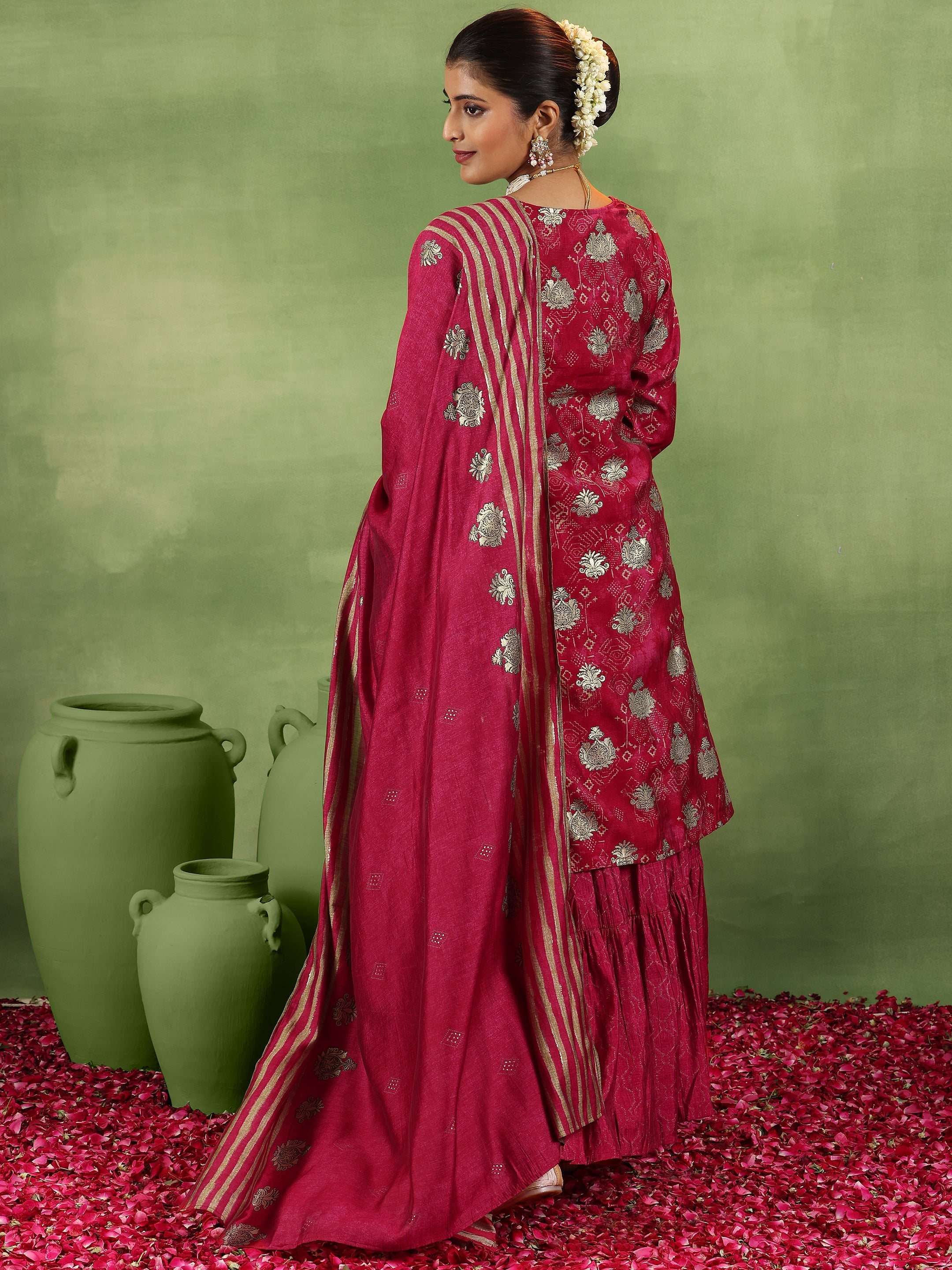 Pink Printed Silk Blend Straight Suit With Dupatta