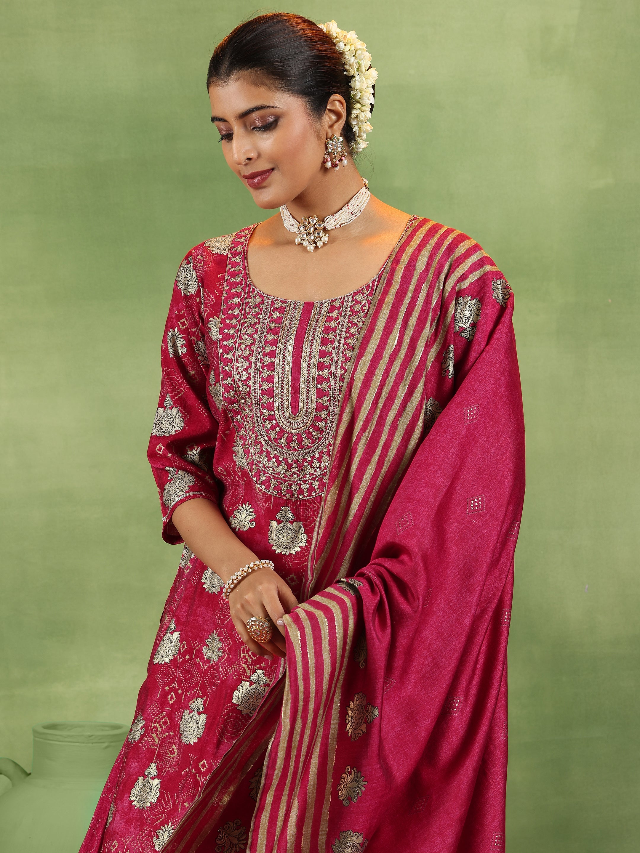 Pink Printed Silk Blend Straight Suit With Dupatta