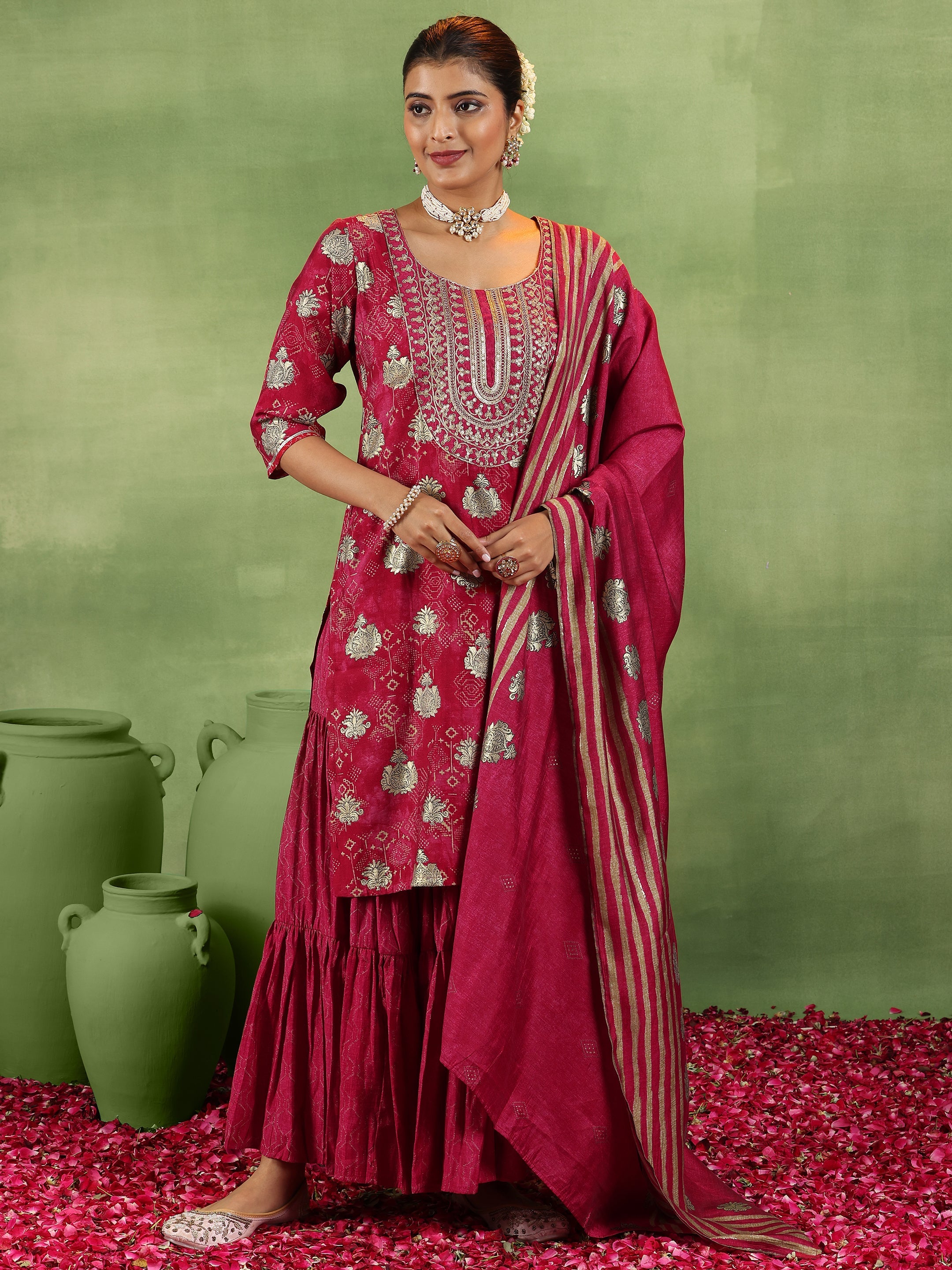 Pink Printed Silk Blend Straight Suit With Dupatta