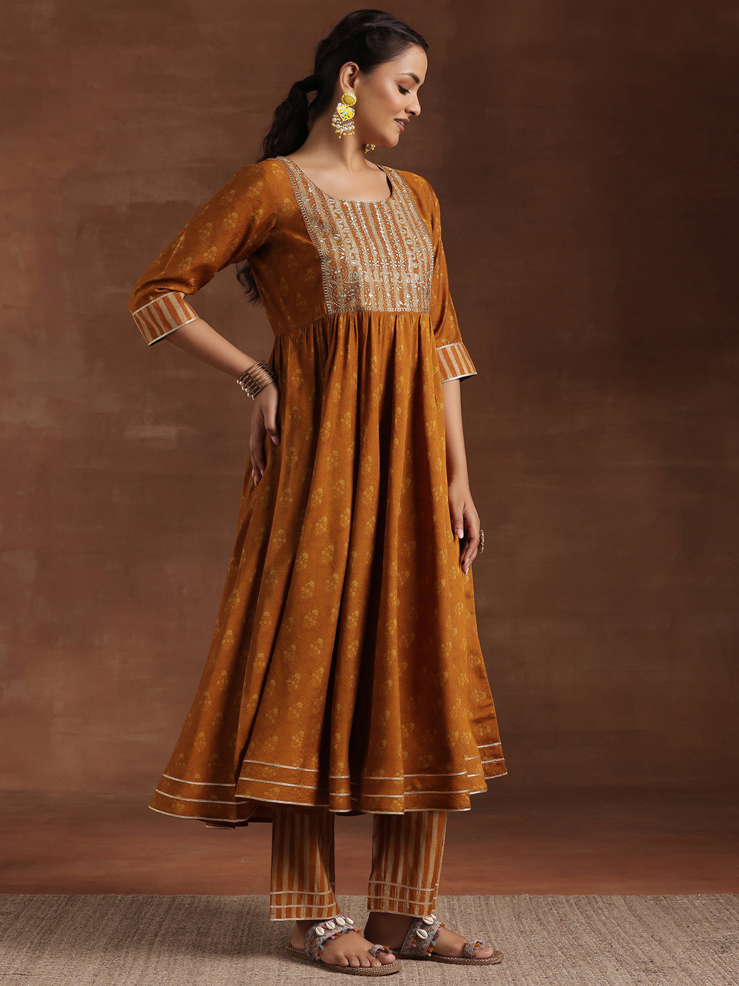 Mustard Printed Silk Blend Anarkali Suit With Dupatta