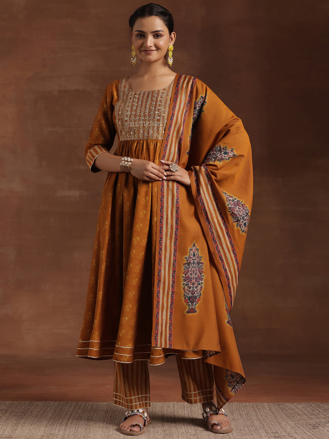 Mustard Printed Silk Blend Anarkali Suit With Dupatta