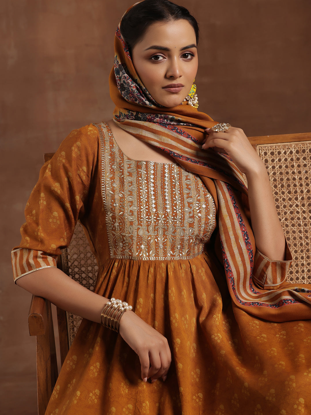 Mustard Printed Silk Blend Anarkali Suit With Dupatta