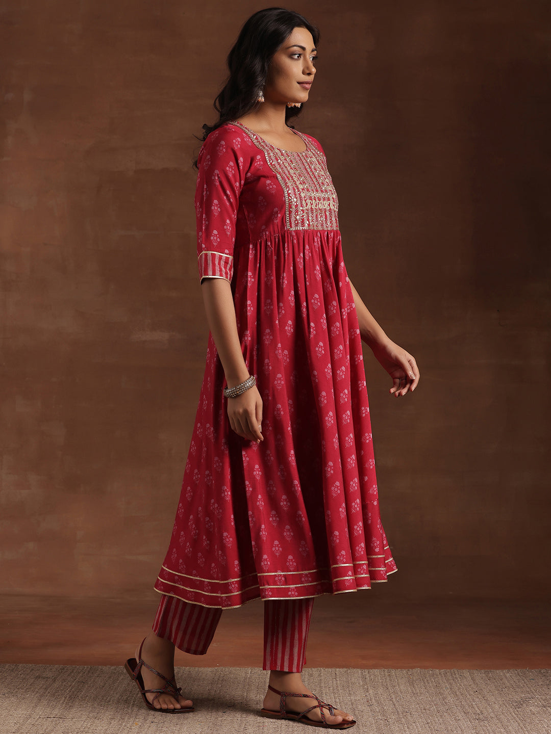 Pink Printed Silk Blend Anarkali Suit With Dupatta